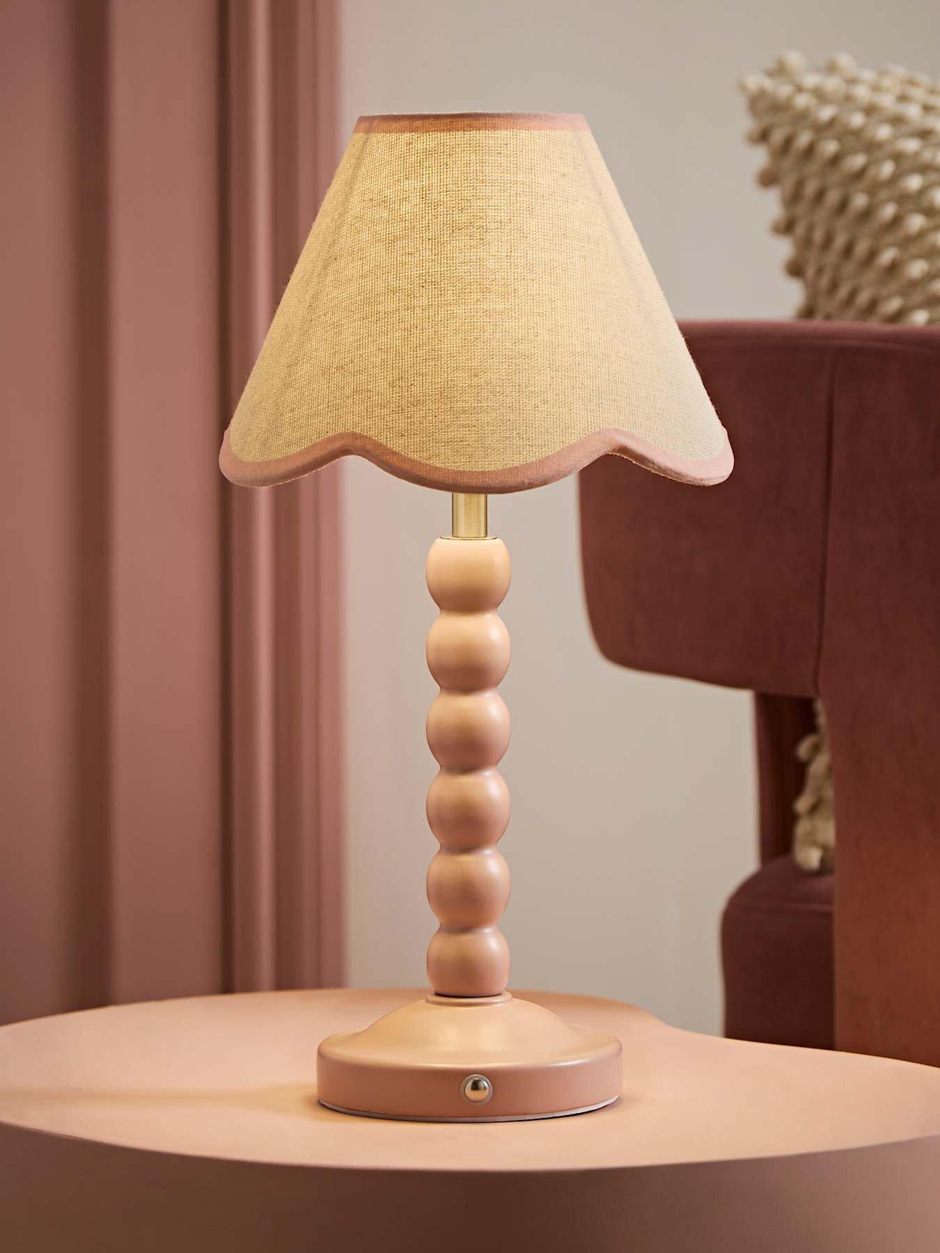 ValueLights Bobble Pink Rechargeable Table Lamp With Pink Trim Scallop Shade