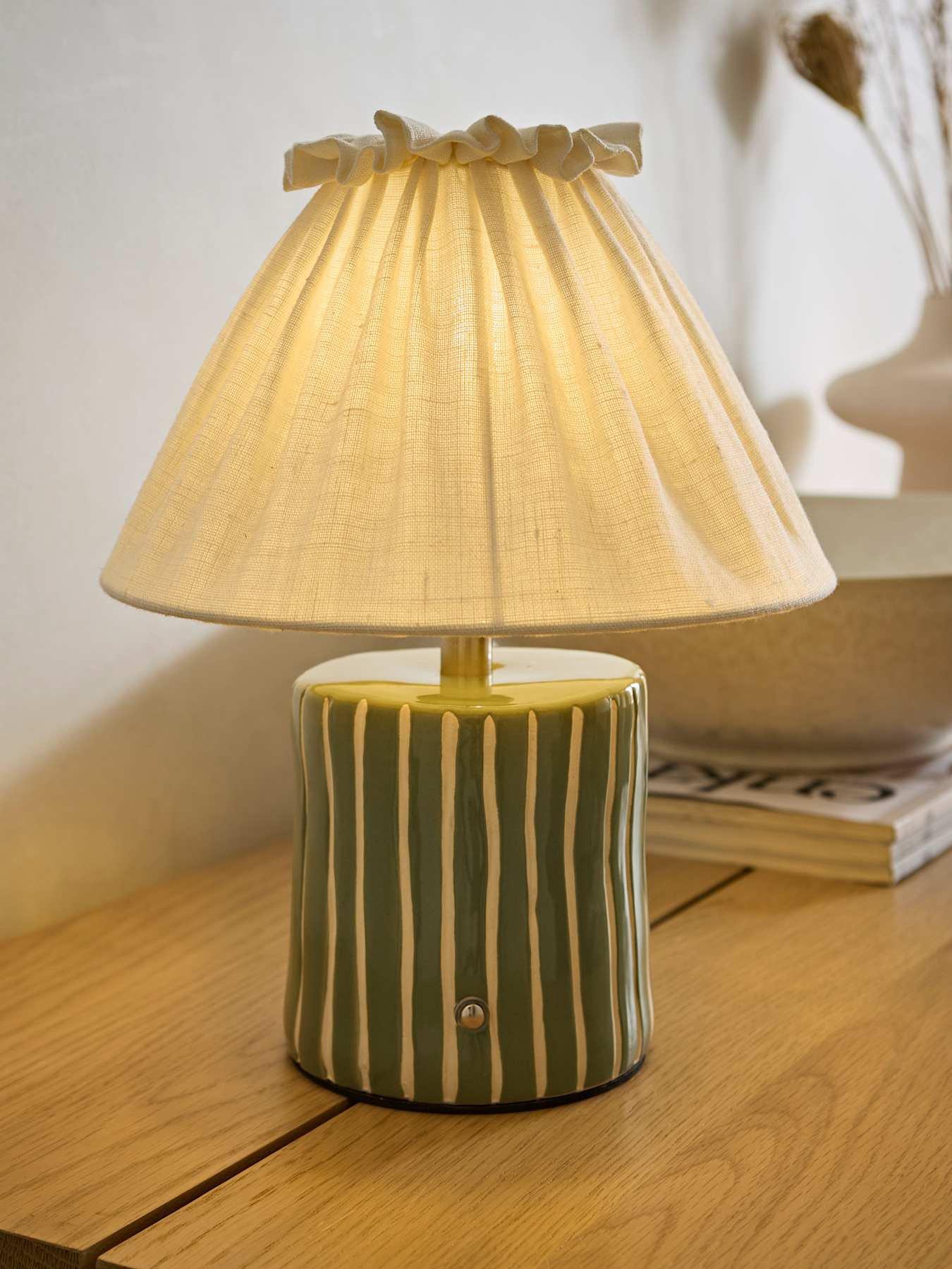 ValueLights Elma Green Stripe Rechargeable Table Lamp With Pleated Shade