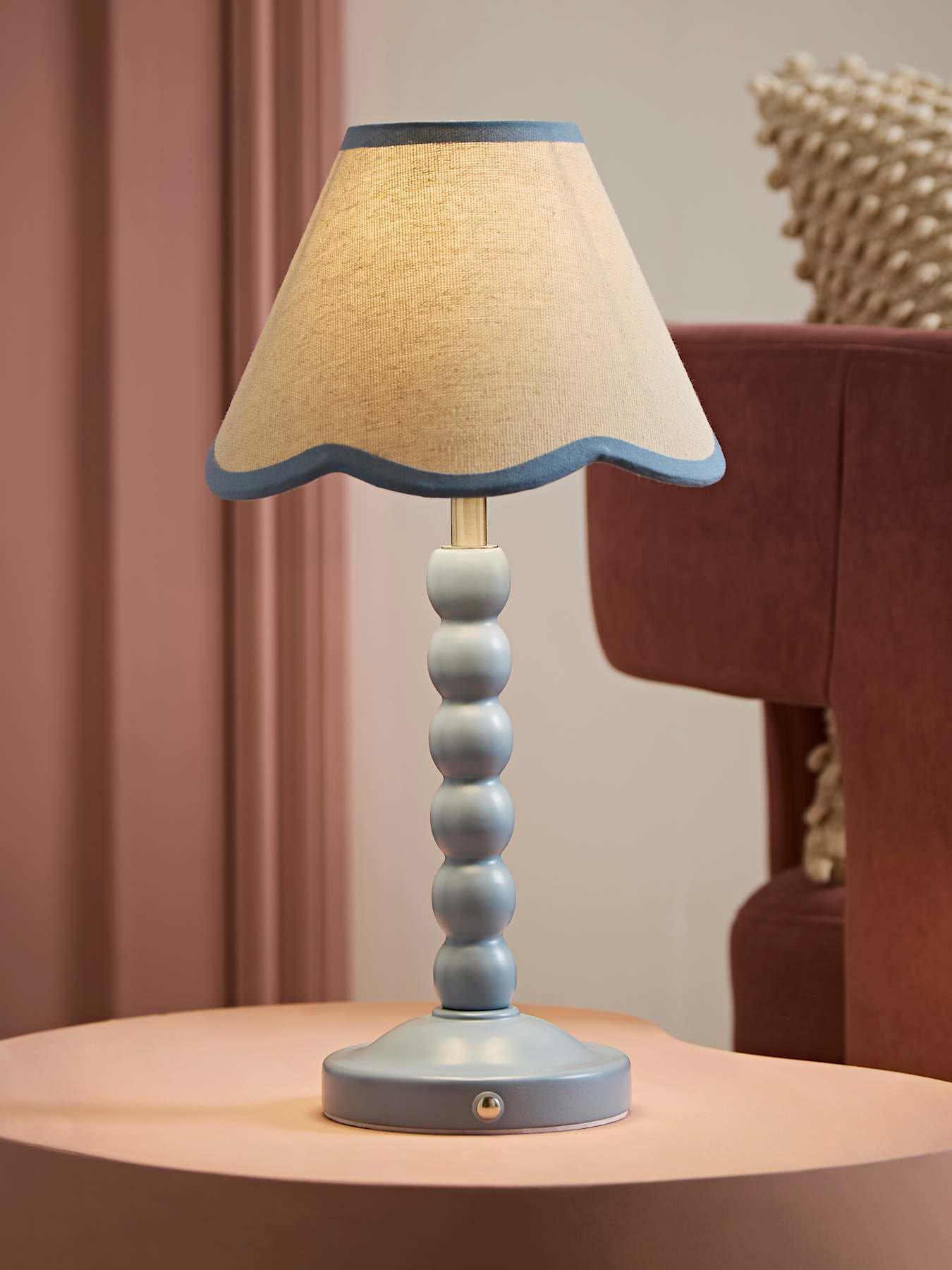 ValueLights Bobble Blue Rechargeable Table Lamp With Blue Trim Scallop Shade