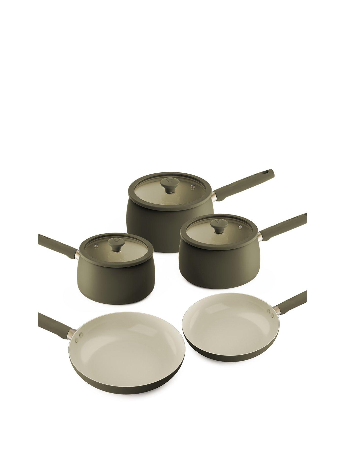 Image 1 of 5 of Prestige Ceramic Non-Stick Frying Pans &amp; Saucepans with Lids, Set of 5 - Urban Olive