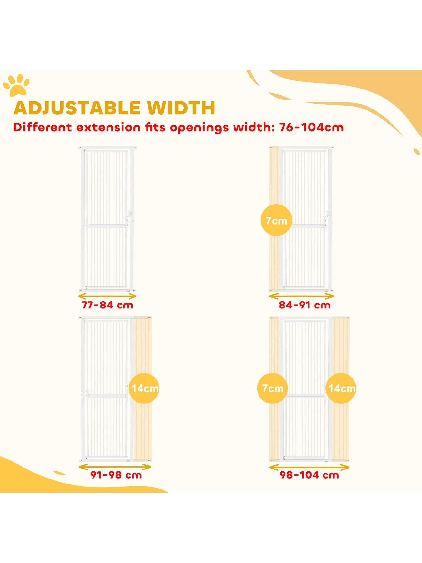 Image 5 of 7 of PawHut 180cm Extra Tall Pet Gate, 76-104cm Wide Adjustable Cat Gate with 3.5 cm Narrow Gap, Pressure Mounted No Drilling Steel Dog Gate for Doorways, Kitchen,  Bedroom, White