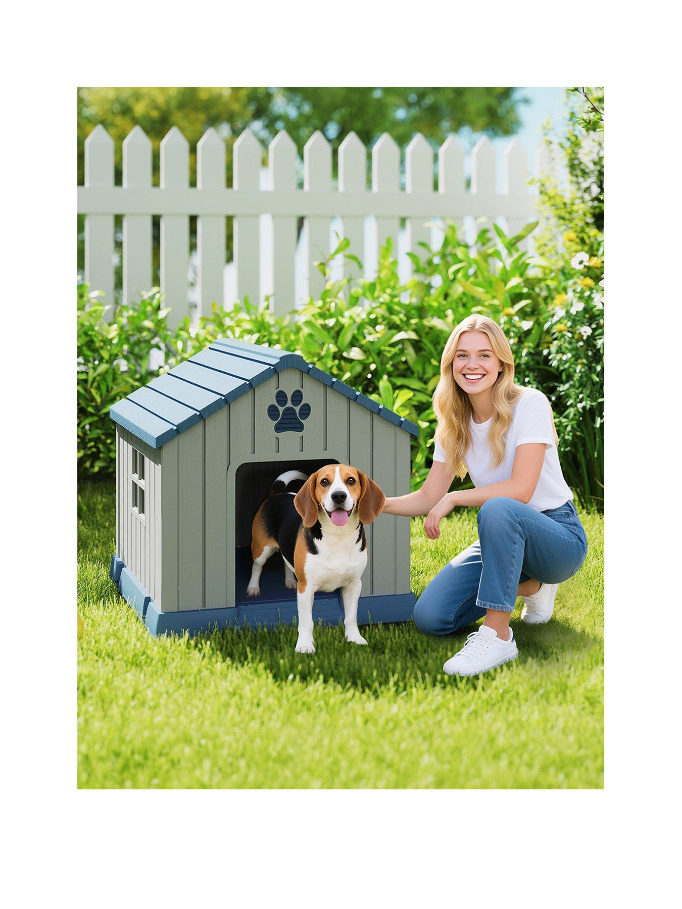 Image 2 of 7 of PawHut Dog Kennel Outdoor for Medium Dogs, Waterproof Plastic Dog House for Garden, Patio, Indoor Outdoor Pet Shelter with Elevated Base, 85 x 79 x 82 cm, Grey