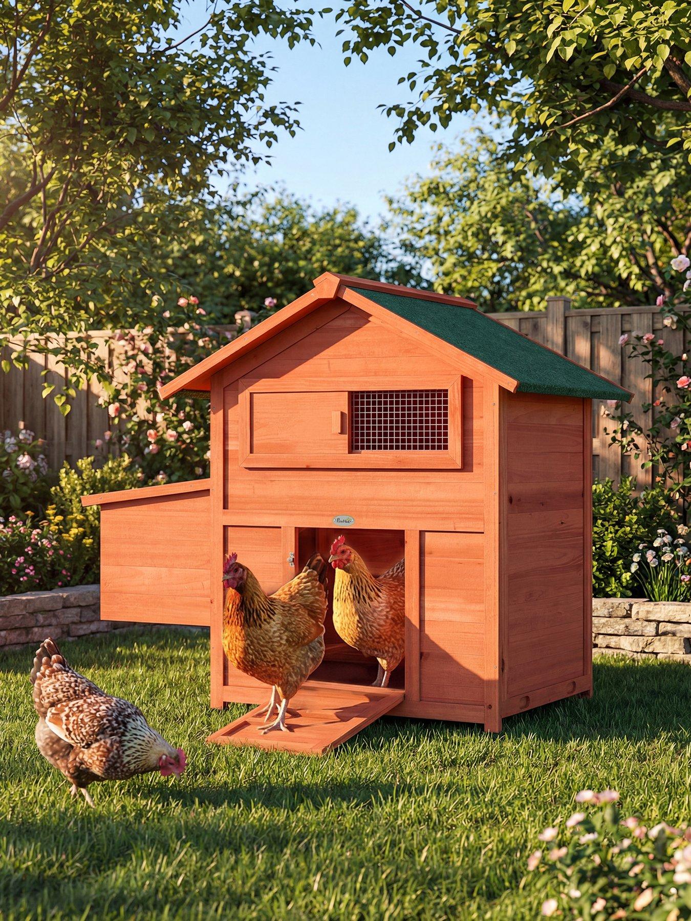 Image 1 of 7 of PawHut Chicken Coop, Wooden Hen House with Nesting Box, Pull-Out Tray, Sliding Window, Waterproof Roof, Perches and Ramp, Poultry Cage for 2 Chickens, Ducks, Rabbits, Orange
