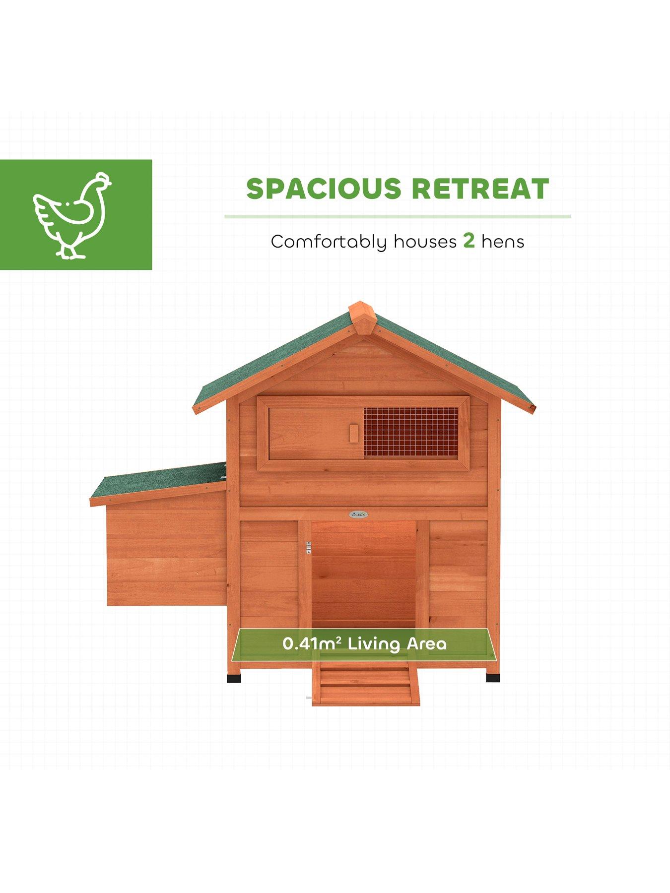 Image 3 of 7 of PawHut Chicken Coop, Wooden Hen House with Nesting Box, Pull-Out Tray, Sliding Window, Waterproof Roof, Perches and Ramp, Poultry Cage for 2 Chickens, Ducks, Rabbits, Orange