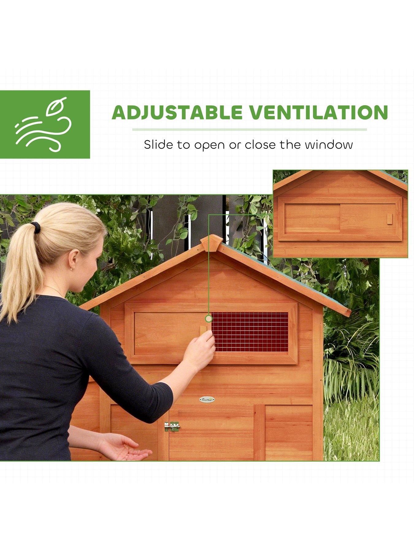 Image 4 of 7 of PawHut Chicken Coop, Wooden Hen House with Nesting Box, Pull-Out Tray, Sliding Window, Waterproof Roof, Perches and Ramp, Poultry Cage for 2 Chickens, Ducks, Rabbits, Orange