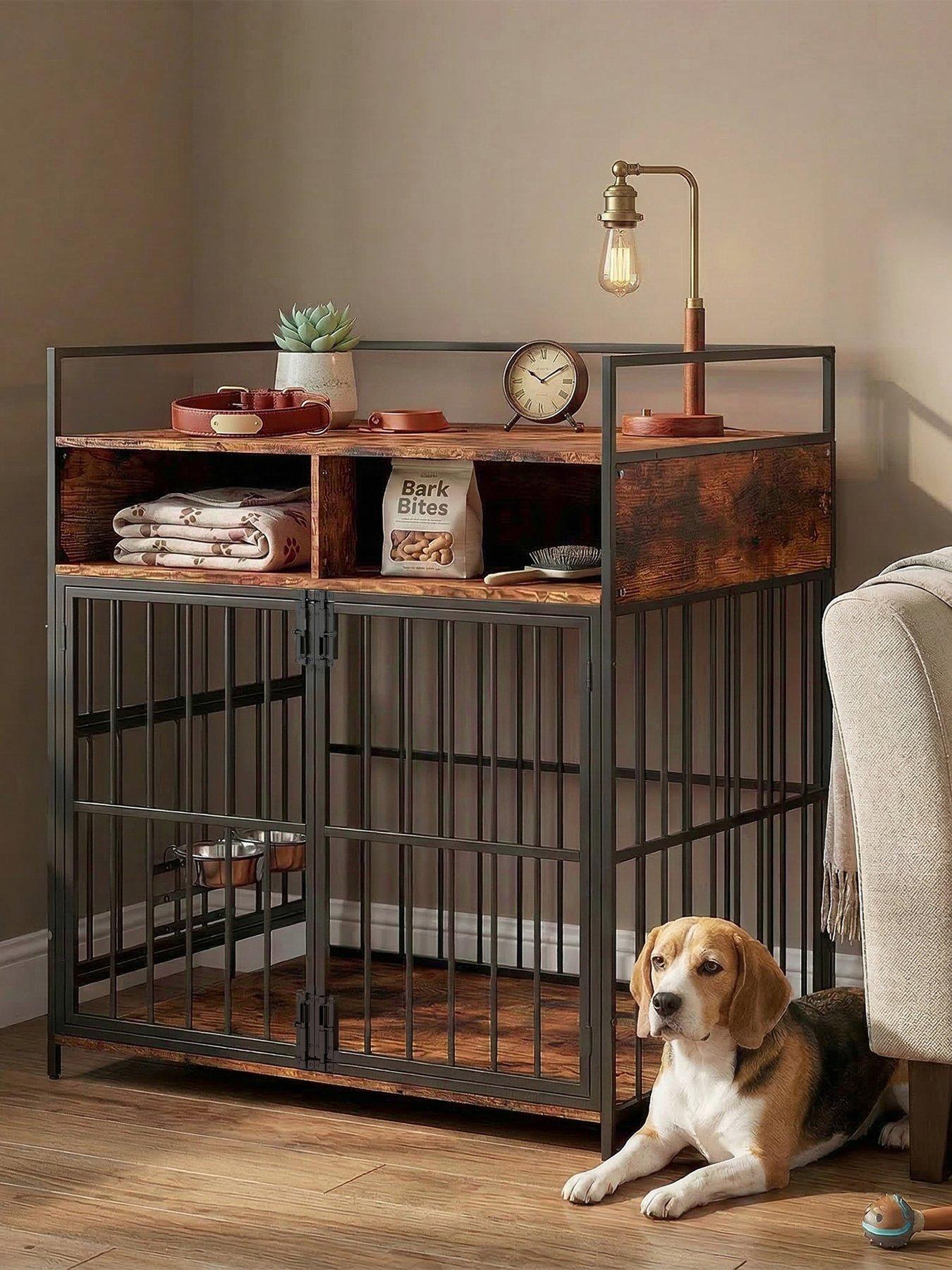 PawHut PawHut Dog Crate Furniture, Dog Cage with Rotatable Feeding Station and Storage Shelves, End Side Table Indoor Pet Kennel for Small Medium Breeds, 80 x 60 x 90.5 cm, Rustic Brown