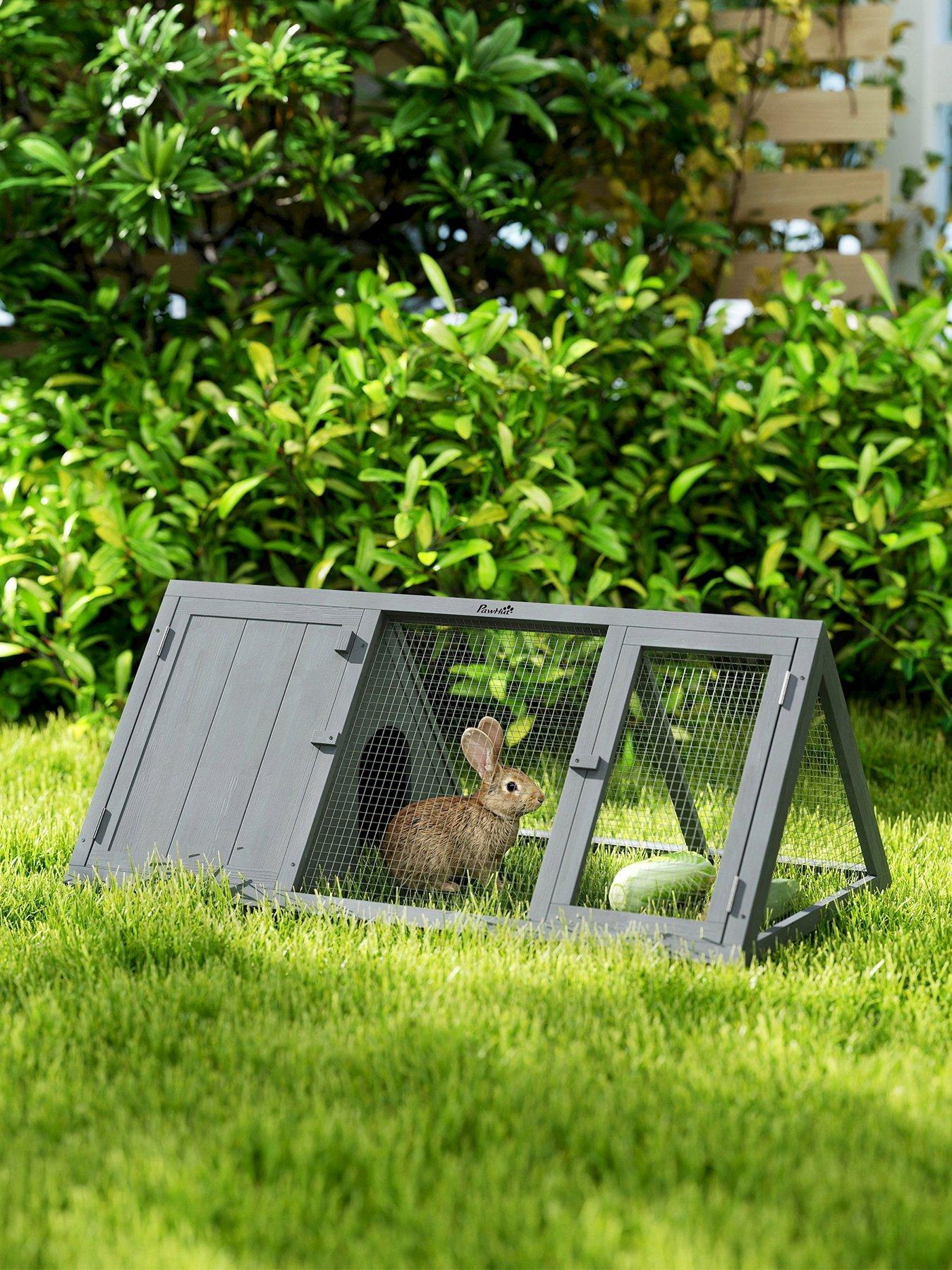 PawHut PawHut Rabbit Hutch, Wooden Guinea Pig Hutch with Run and Doors, Outdoor Triangle Bunny House for Rabbits, Small Duck and Chicken, Indoor Outdoor Use, Grey