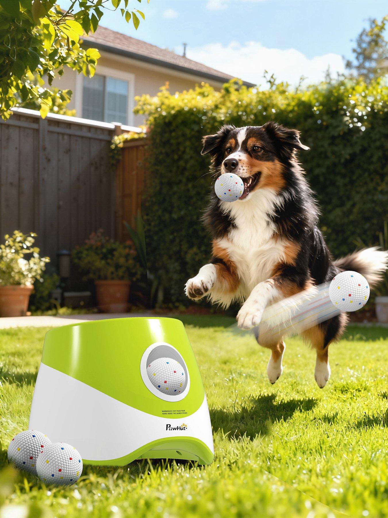 PawHut Automatic Dog Ball Launcher with 5 ETPU Tennis Balls, Dog Ball Thrower with 3 Distance Settings (20/33/46ft), Indoor Outdoor Interactive Toy for Small Medium Dogs, Green