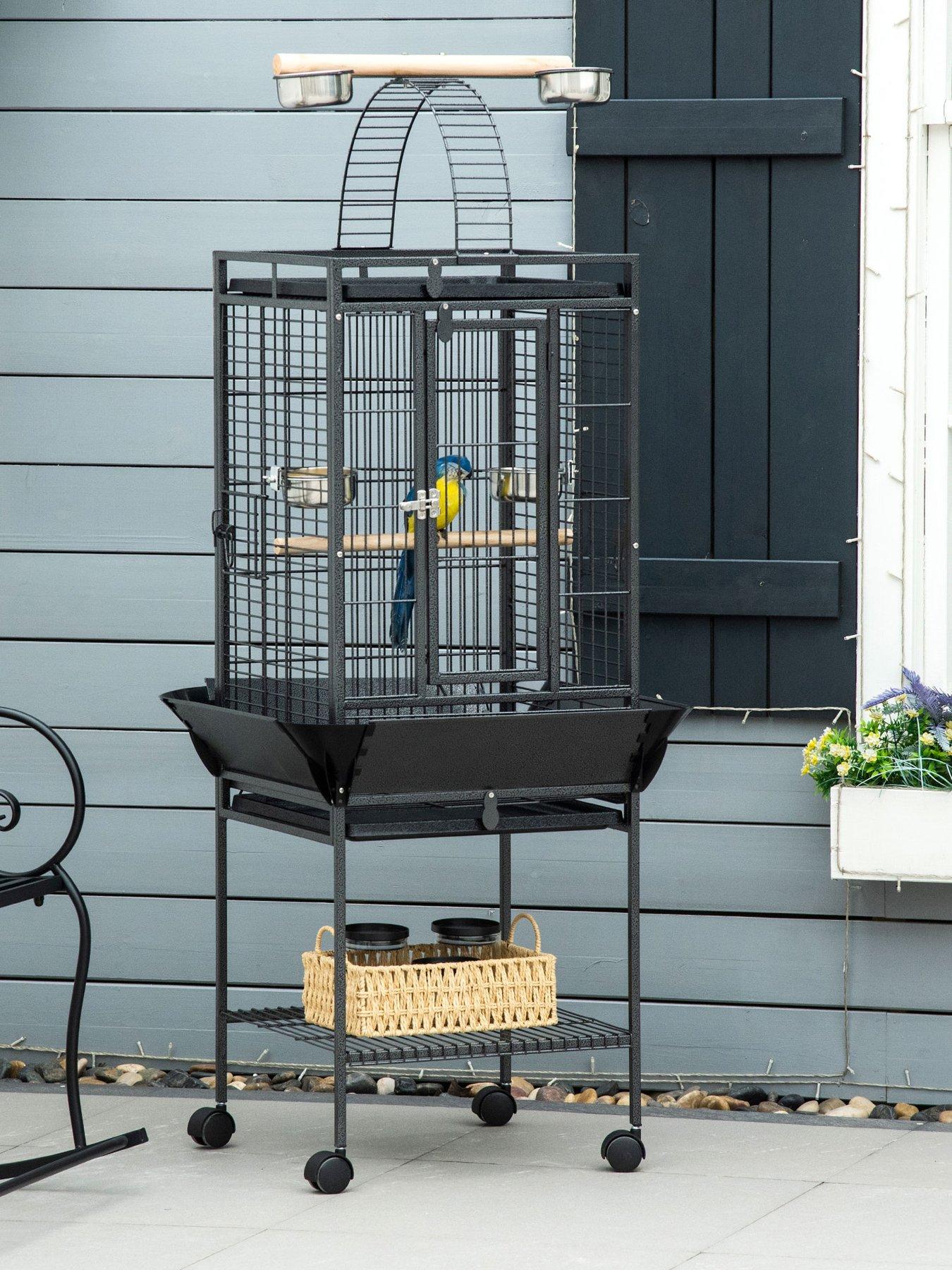 PawHut PawHut 156cm Bird Cage,Large Parrot Cage with Open Play Top, Perch, Seed Guard, Wheels, Storage Shelf for Budgie, Cockatiel, Conure, Lovebird, Dark Grey