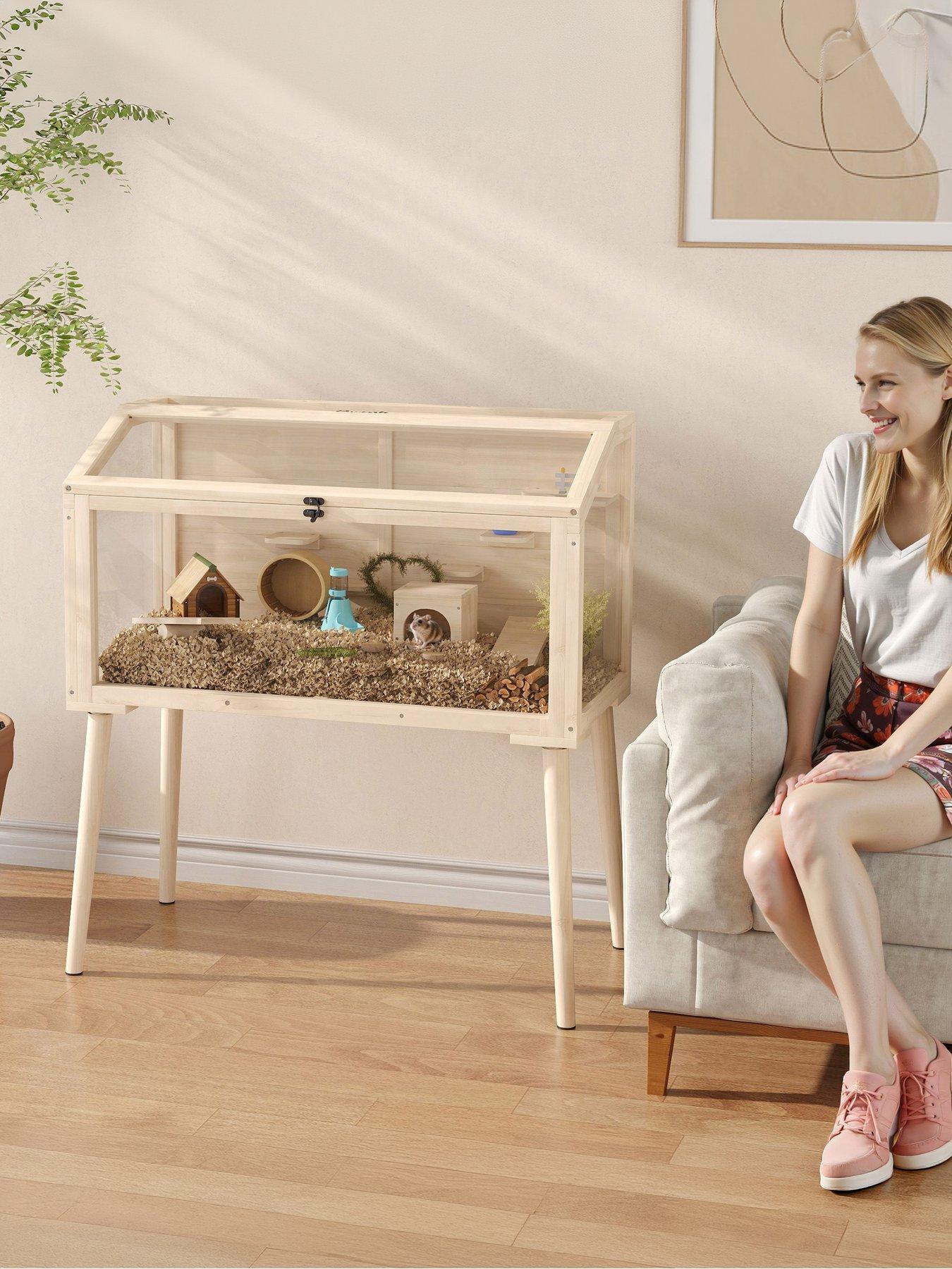 PawHut PawHut Wooden Hamster Cage, Gerbil Cage with Openable Top, Seesaws, Platforms, Water Bottle, Small Animal Habitat for Syrian, Dwarf, Mouse, Rats, Rodent, 110 x 52 x 101 cm
