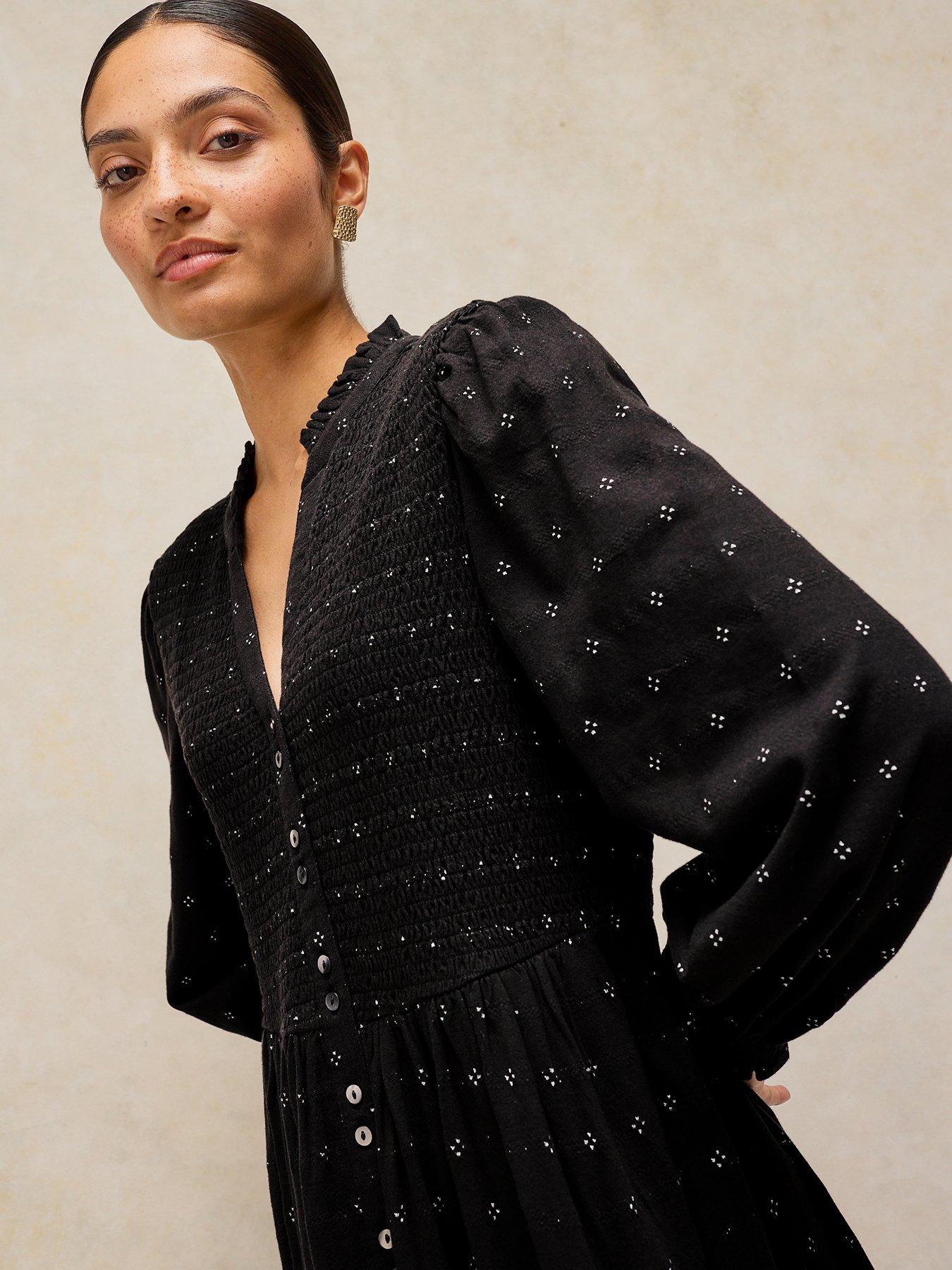 Image 3 of 5 of White Stuff Womens Ada Shirred Button-Through Midi Dress - Black