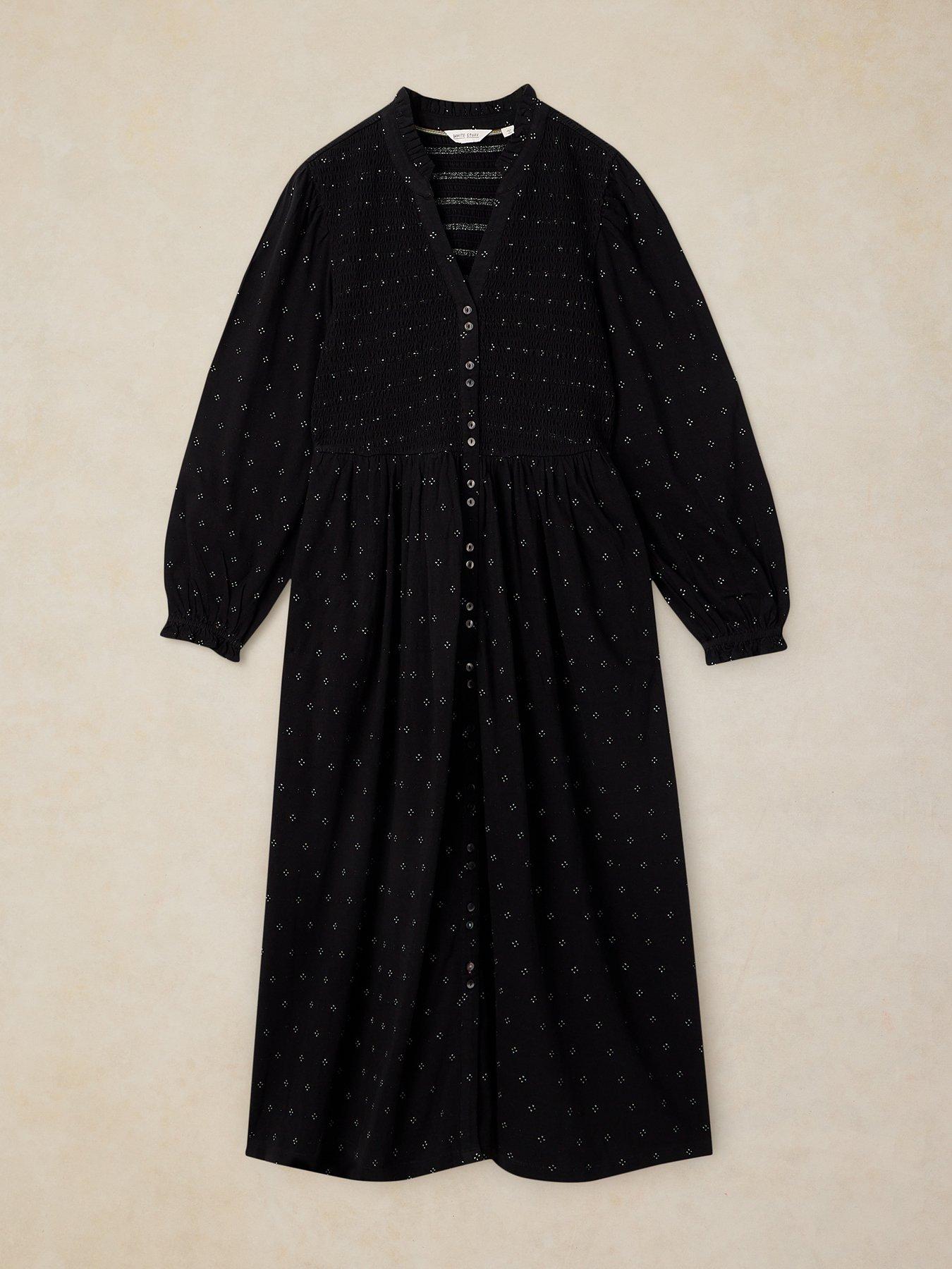 Image 5 of 5 of White Stuff Womens Ada Shirred Button-Through Midi Dress - Black