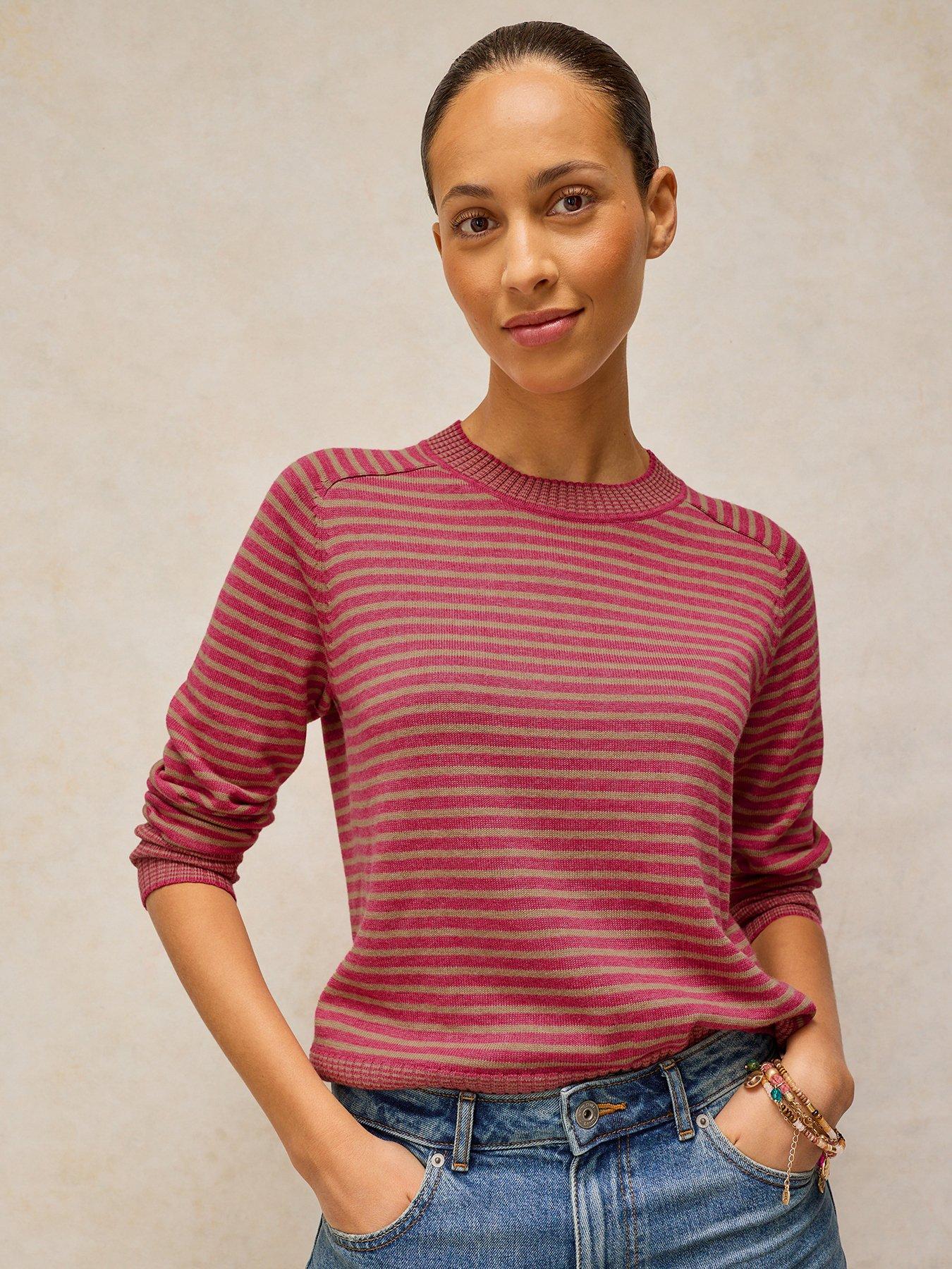 Image 1 of 5 of White Stuff Sienna Textured Knit Stripe Crew Neck Jumper - Pink