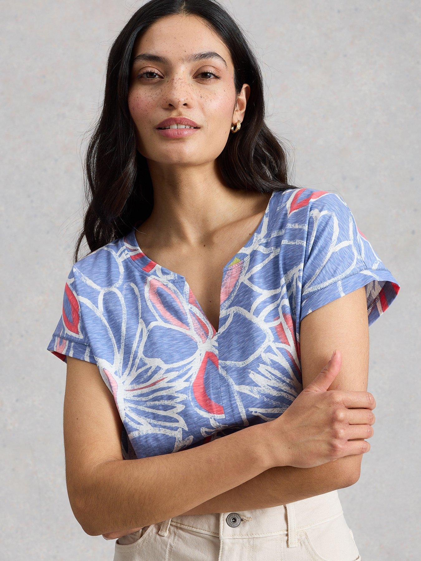 Image 1 of 5 of White Stuff Nelly Printed Notch Neck Short Sleeve Tee - Blue