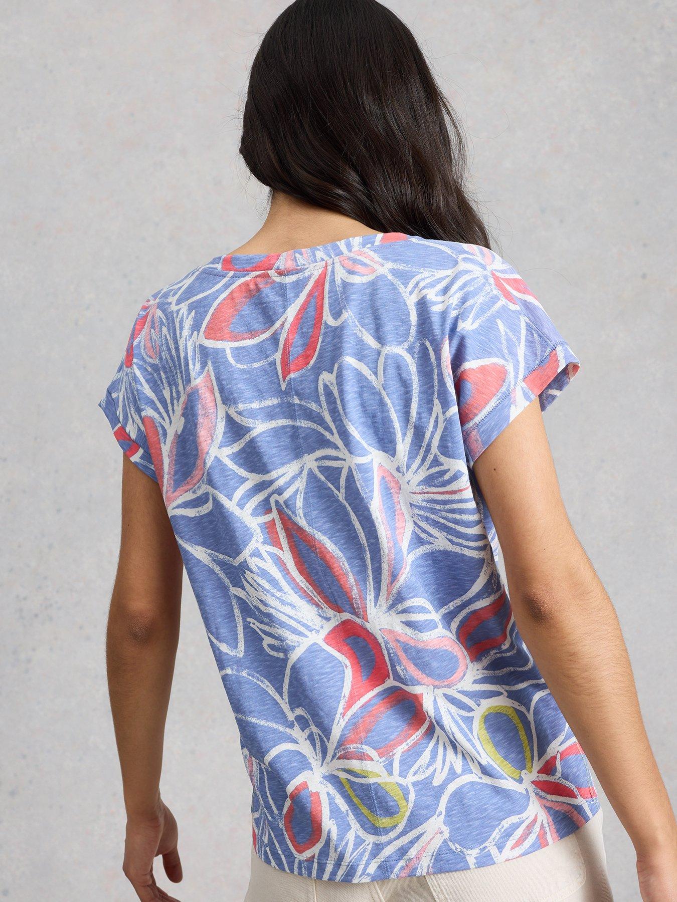 Image 2 of 5 of White Stuff Nelly Printed Notch Neck Short Sleeve Tee - Blue