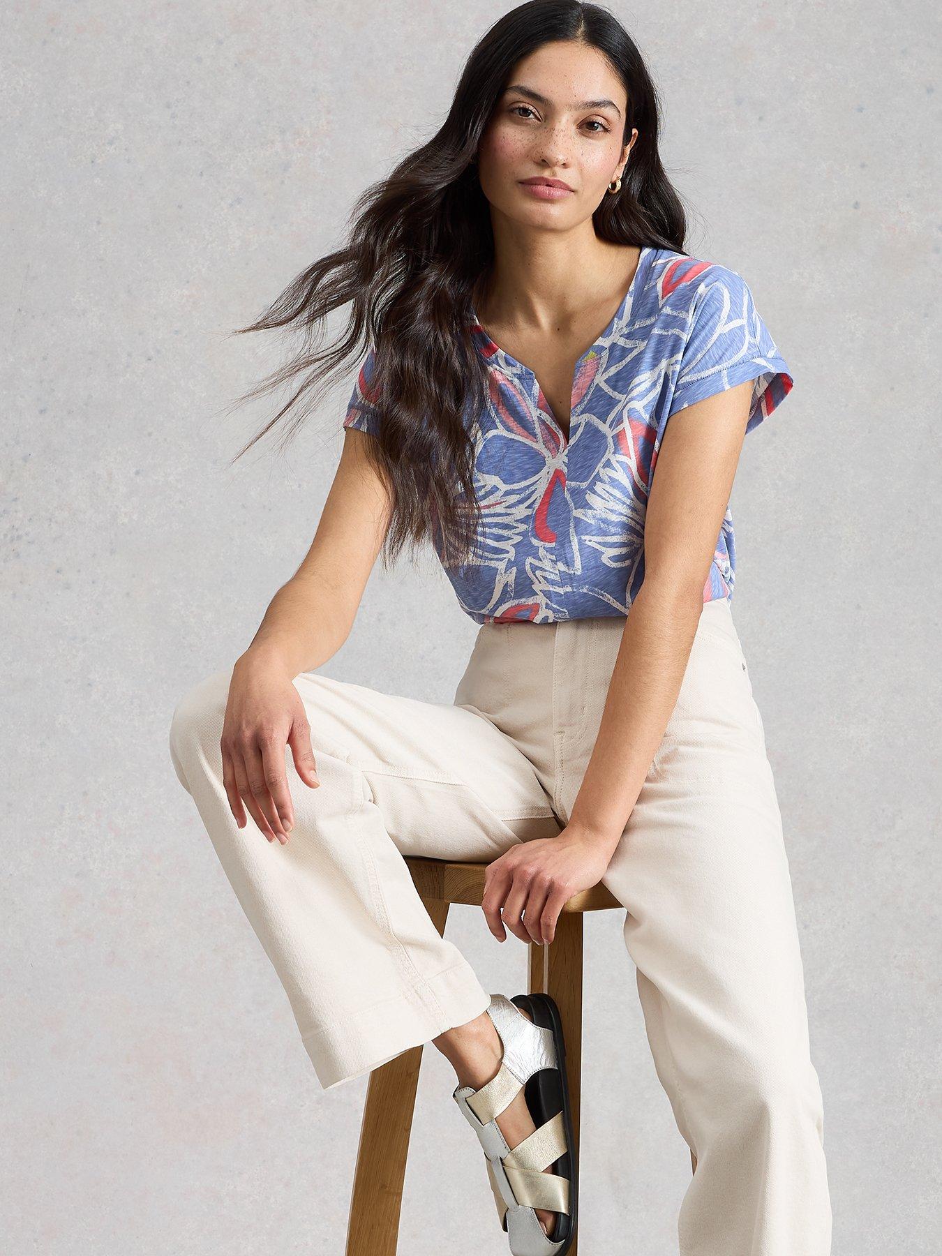 Image 4 of 5 of White Stuff Nelly Printed Notch Neck Short Sleeve Tee - Blue