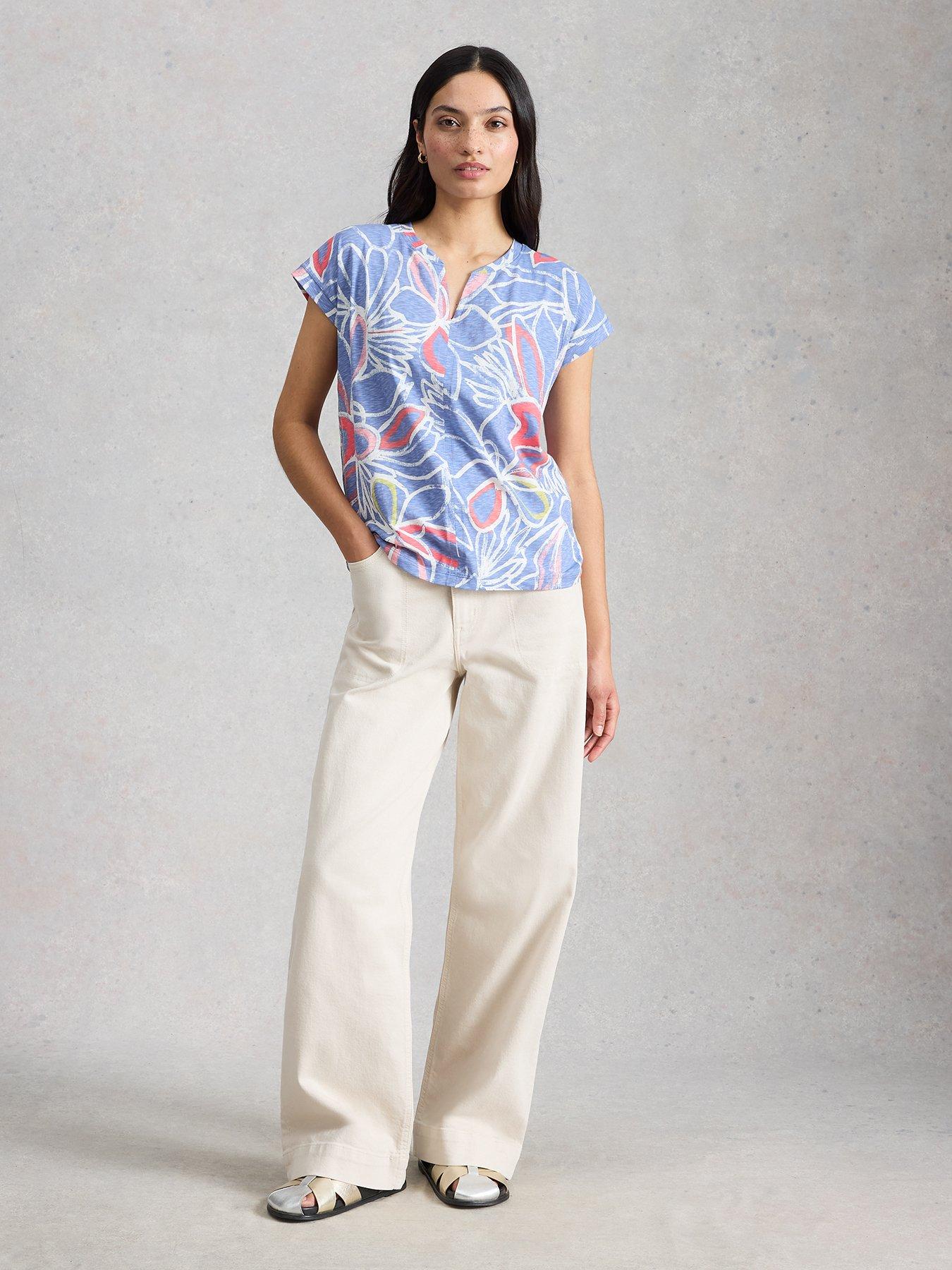 Image 5 of 5 of White Stuff Nelly Printed Notch Neck Short Sleeve Tee - Blue