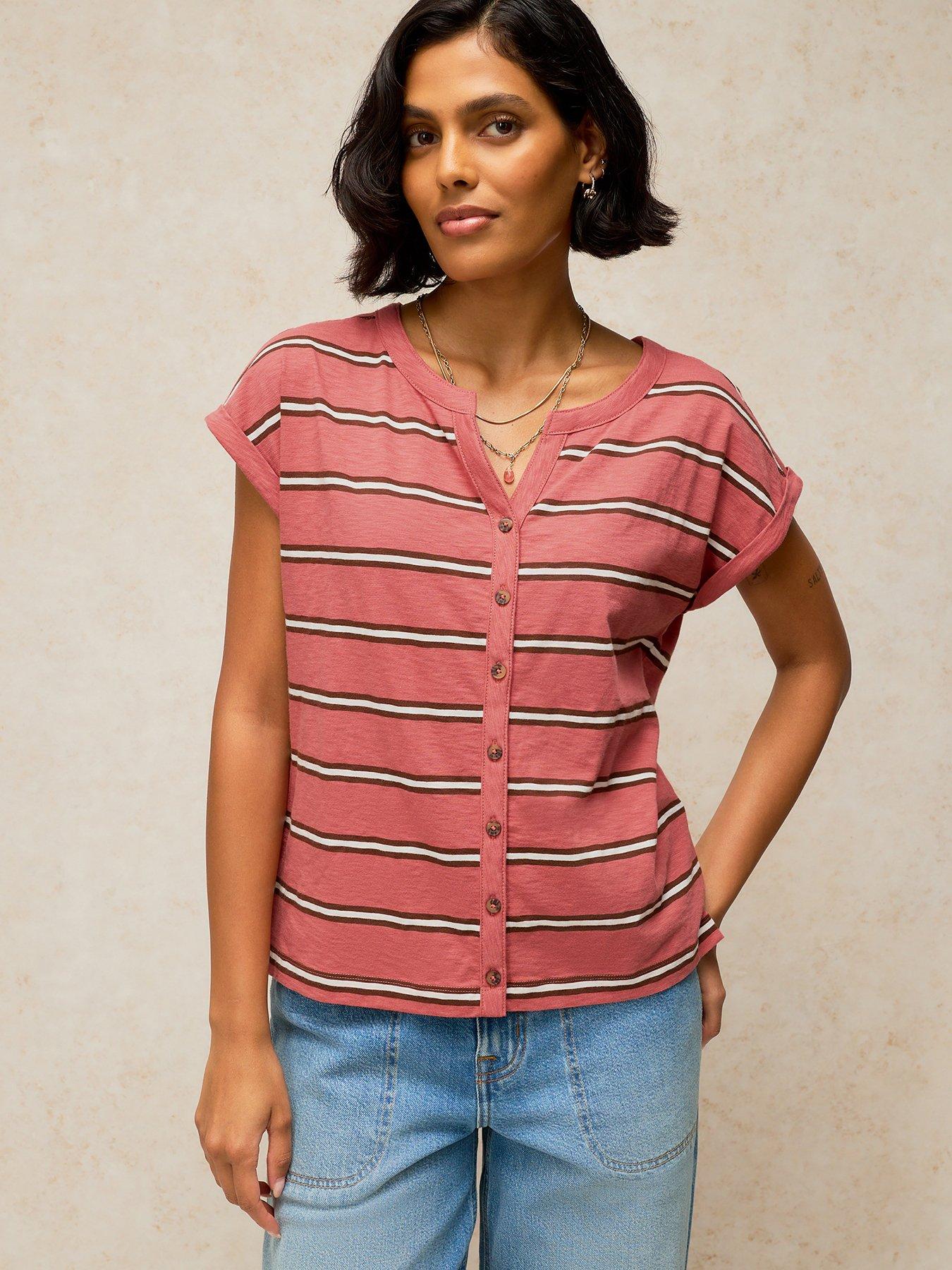 Image 1 of 6 of White Stuff Womens Nina Notch Neck Button Stripe T-Shirt - Pink