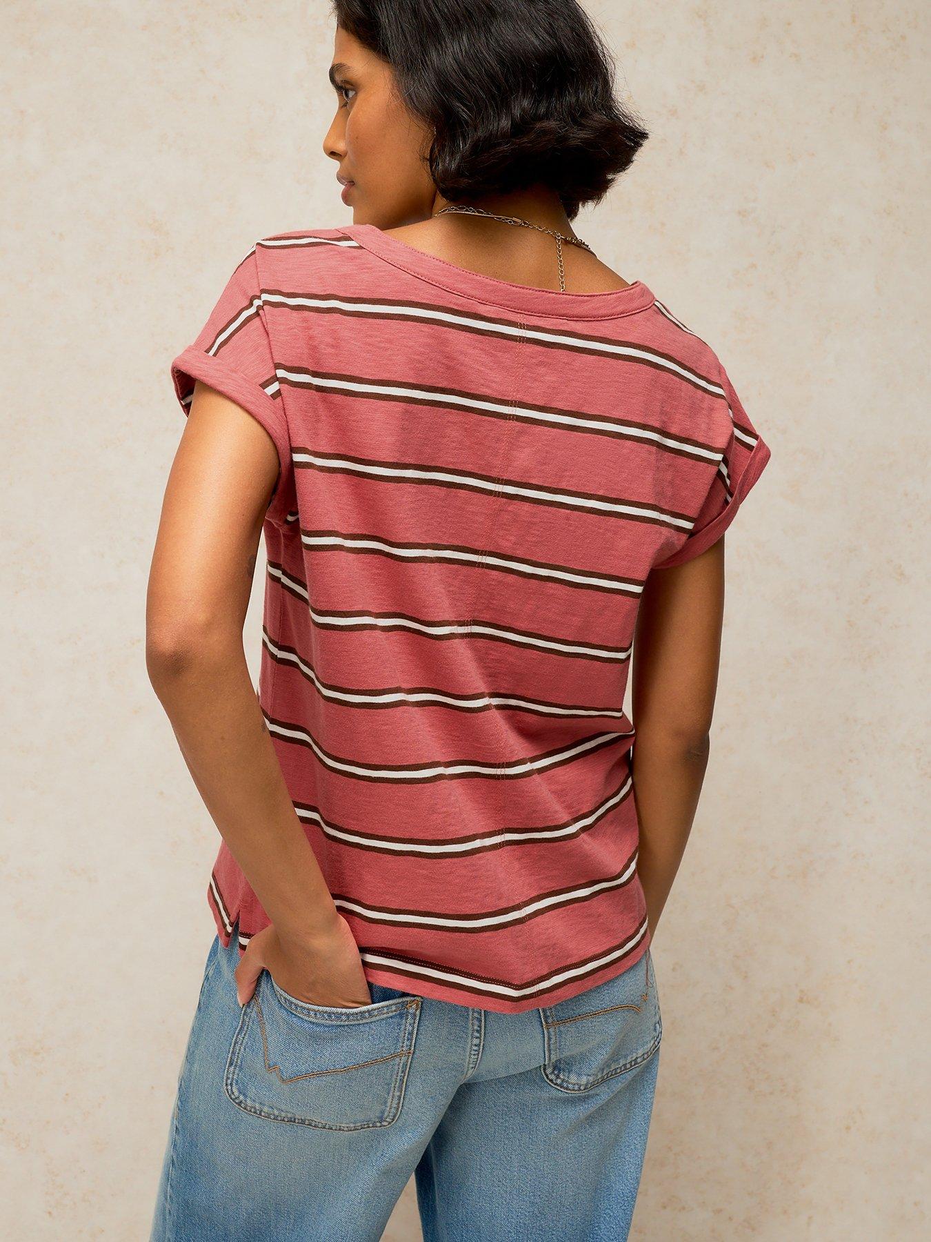 Image 2 of 6 of White Stuff Womens Nina Notch Neck Button Stripe T-Shirt - Pink