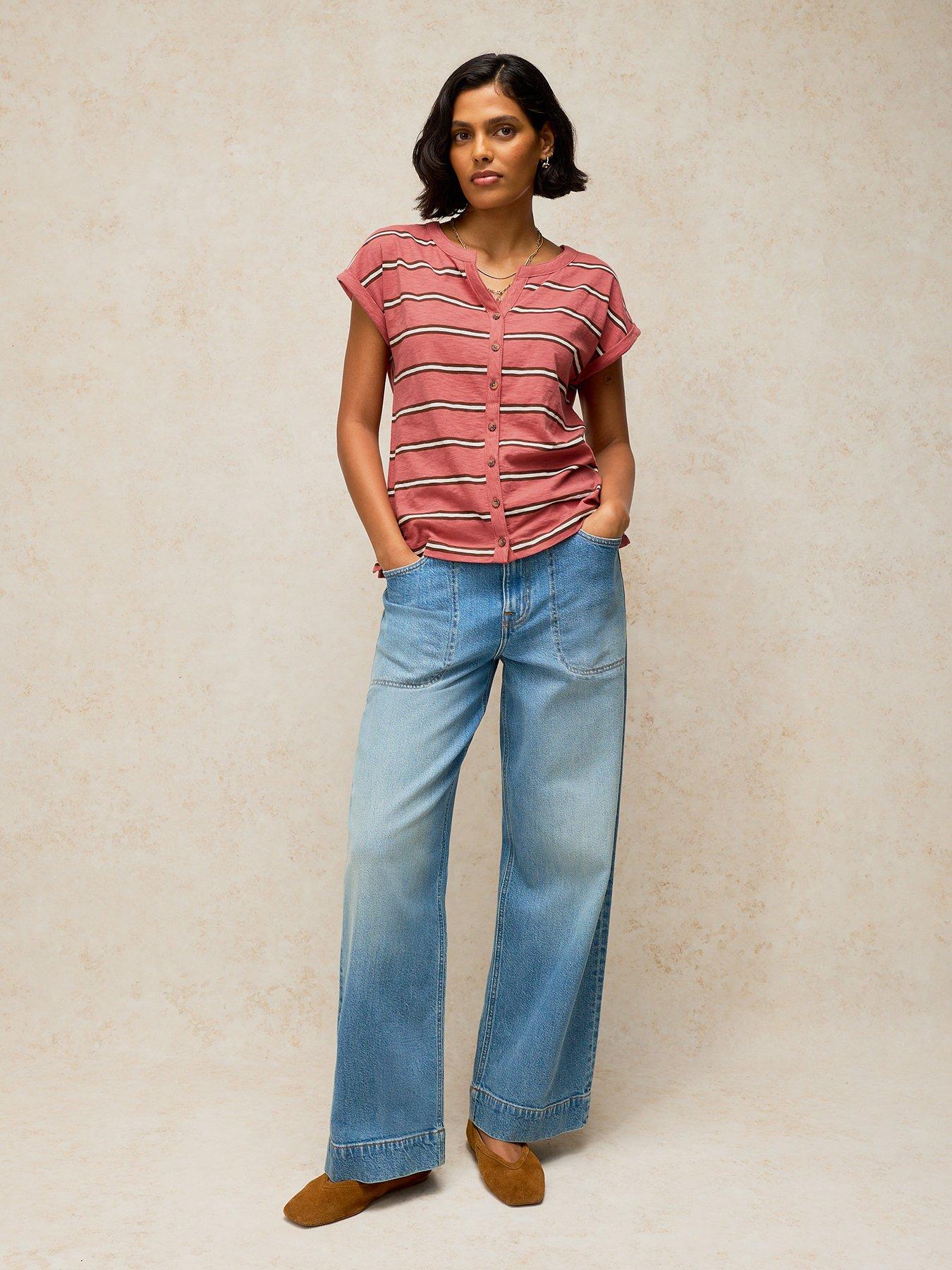 Image 3 of 6 of White Stuff Womens Nina Notch Neck Button Stripe T-Shirt - Pink