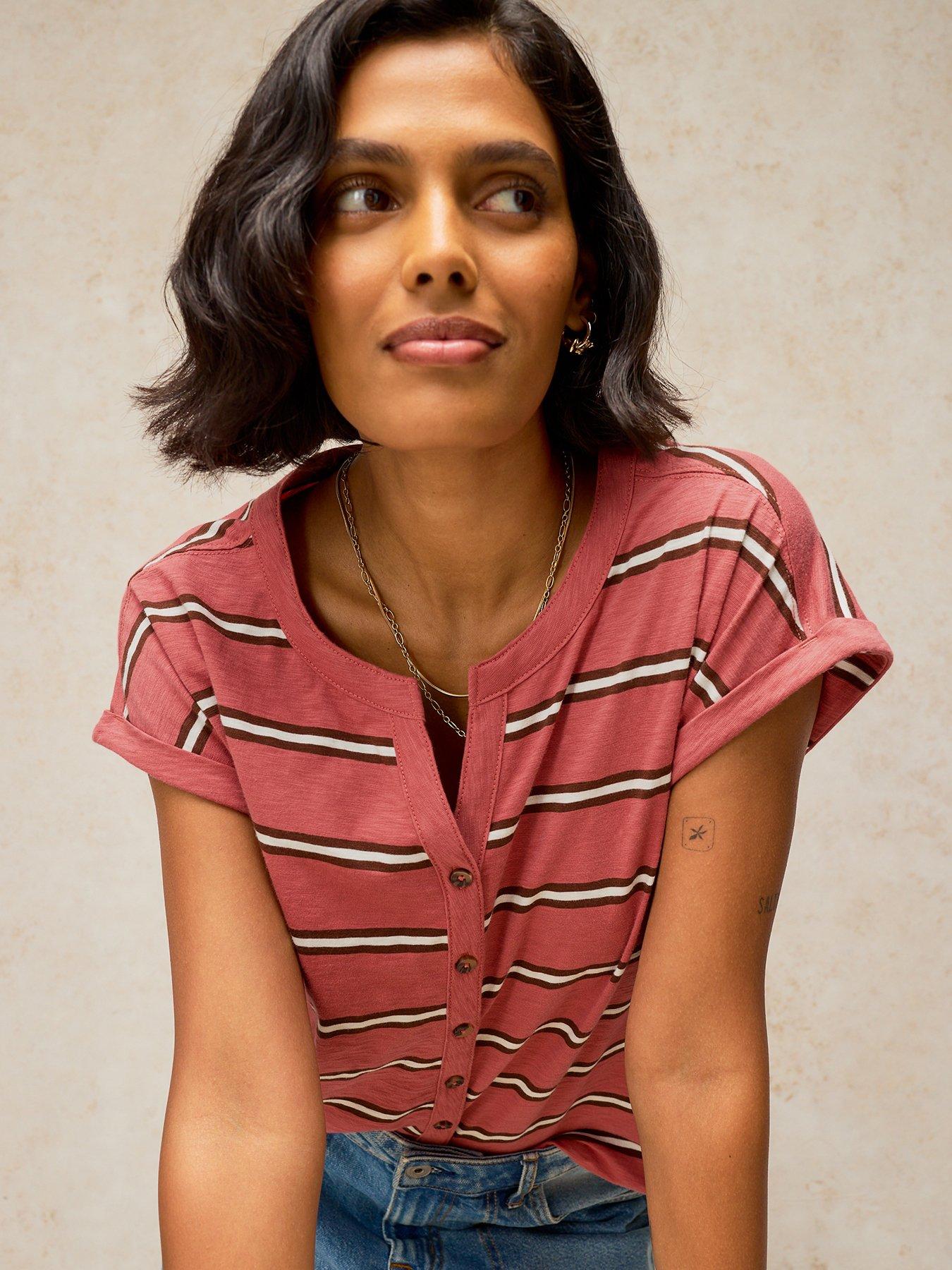 Image 4 of 6 of White Stuff Womens Nina Notch Neck Button Stripe T-Shirt - Pink