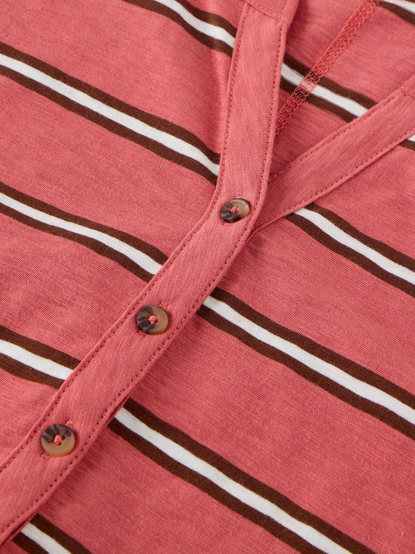 Image 5 of 6 of White Stuff Womens Nina Notch Neck Button Stripe T-Shirt - Pink