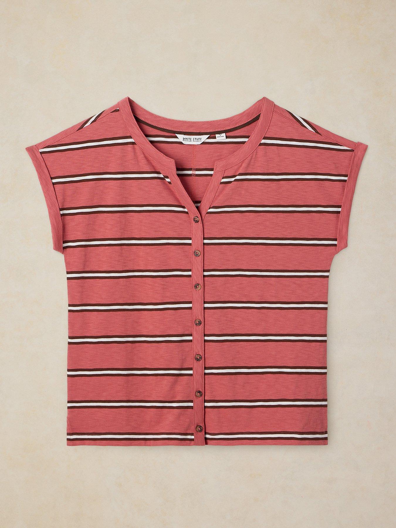 Image 6 of 6 of White Stuff Womens Nina Notch Neck Button Stripe T-Shirt - Pink