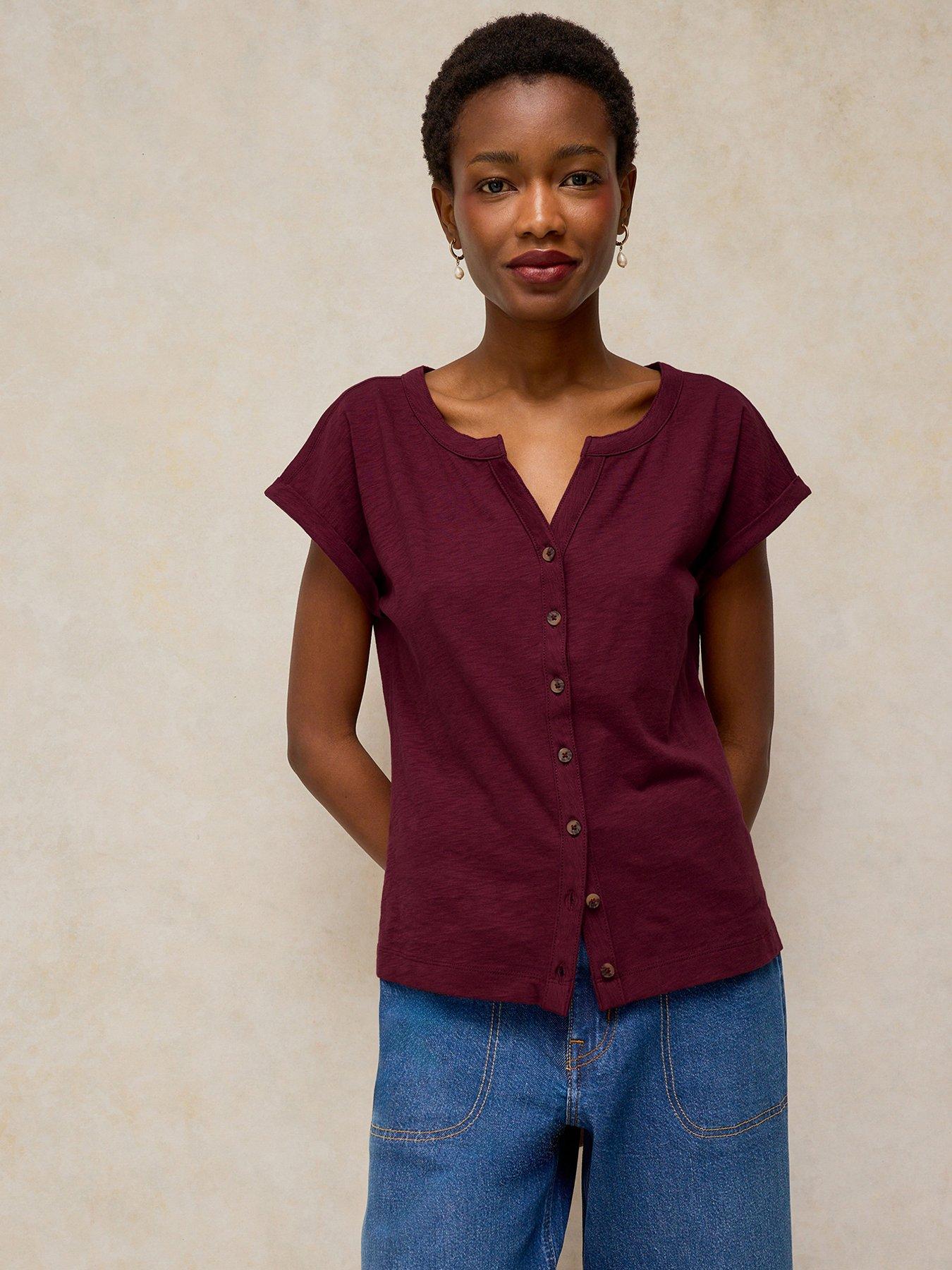 Image 1 of 6 of White Stuff Womens Nina Notch Neck Button Front T-Shirt - Purple