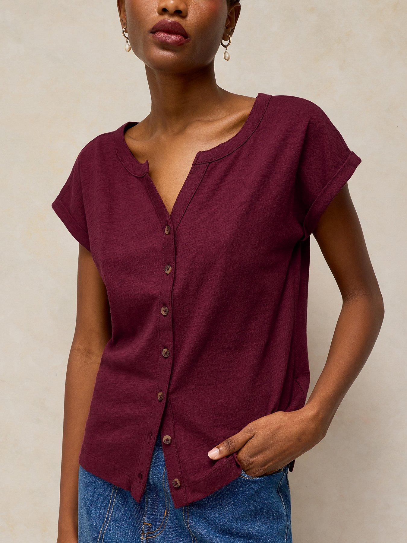 Image 4 of 6 of White Stuff Womens Nina Notch Neck Button Front T-Shirt - Purple