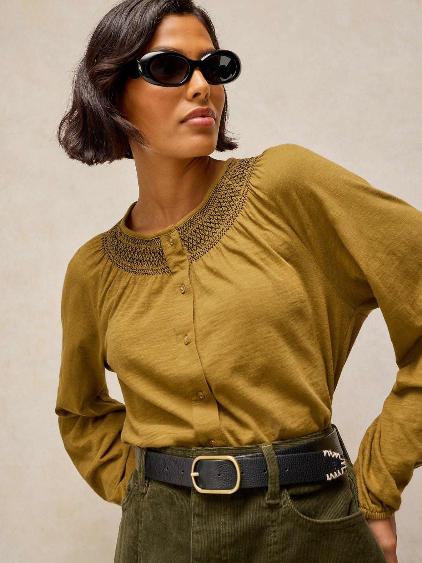 White Stuff Suzie Shirred Long Sleeve Top - Green