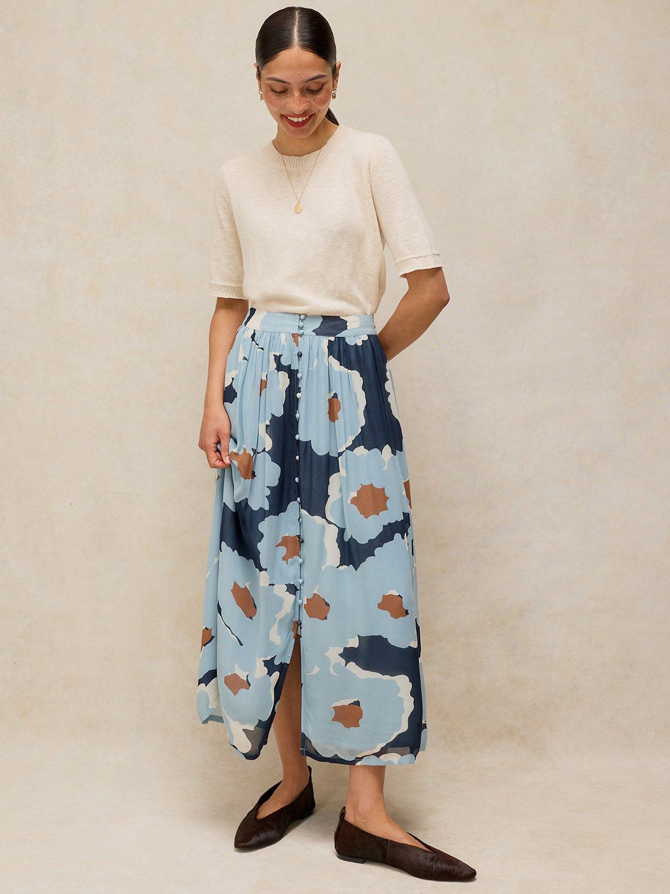 White Stuff Leela Painterly Floral Maxi Skirt - Blue