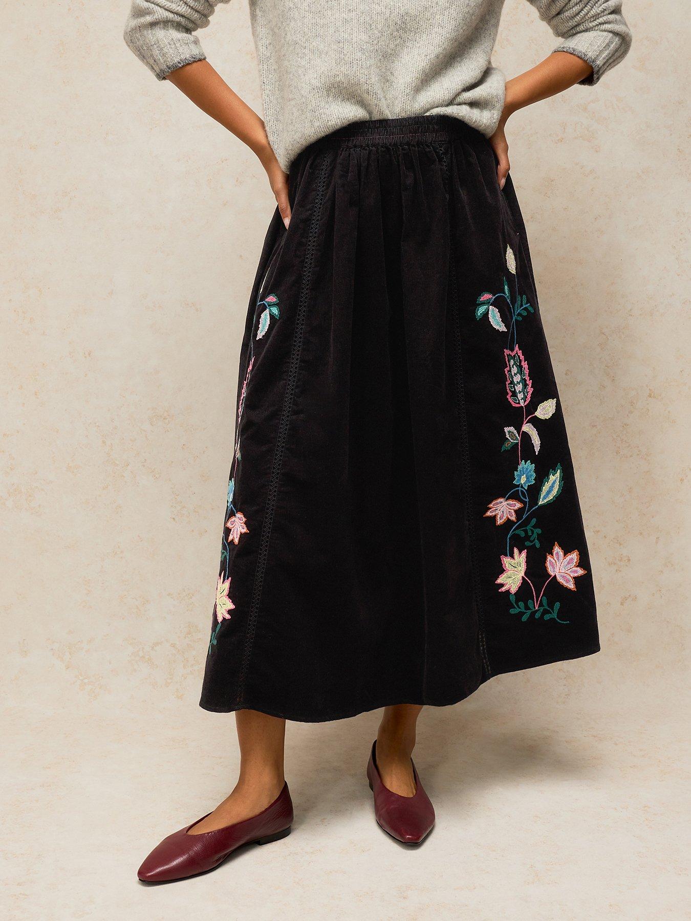 Image 1 of 5 of White Stuff Wren Embroidered Corduroy Midi Skirt - Black
