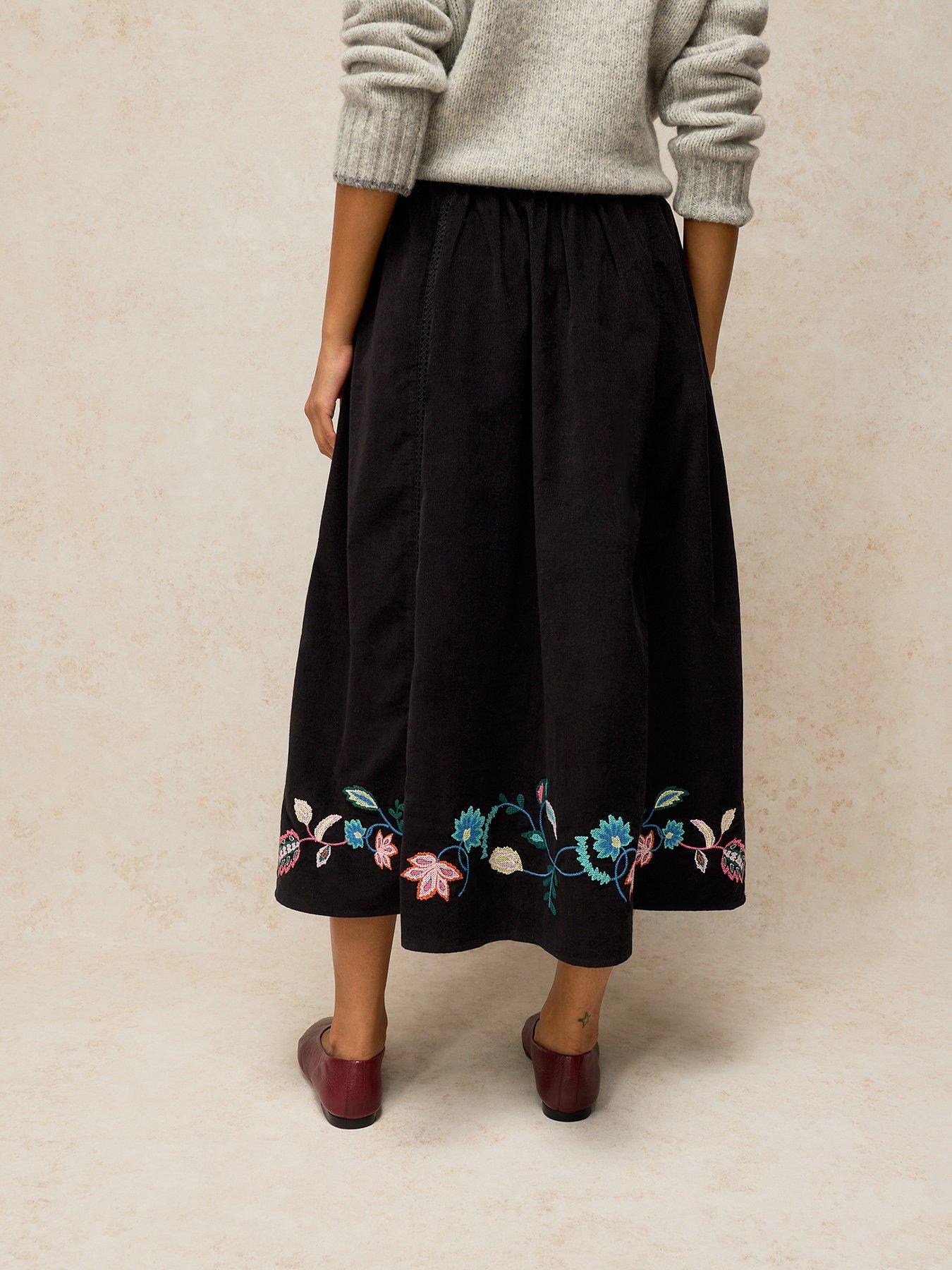 Image 2 of 5 of White Stuff Wren Embroidered Corduroy Midi Skirt - Black