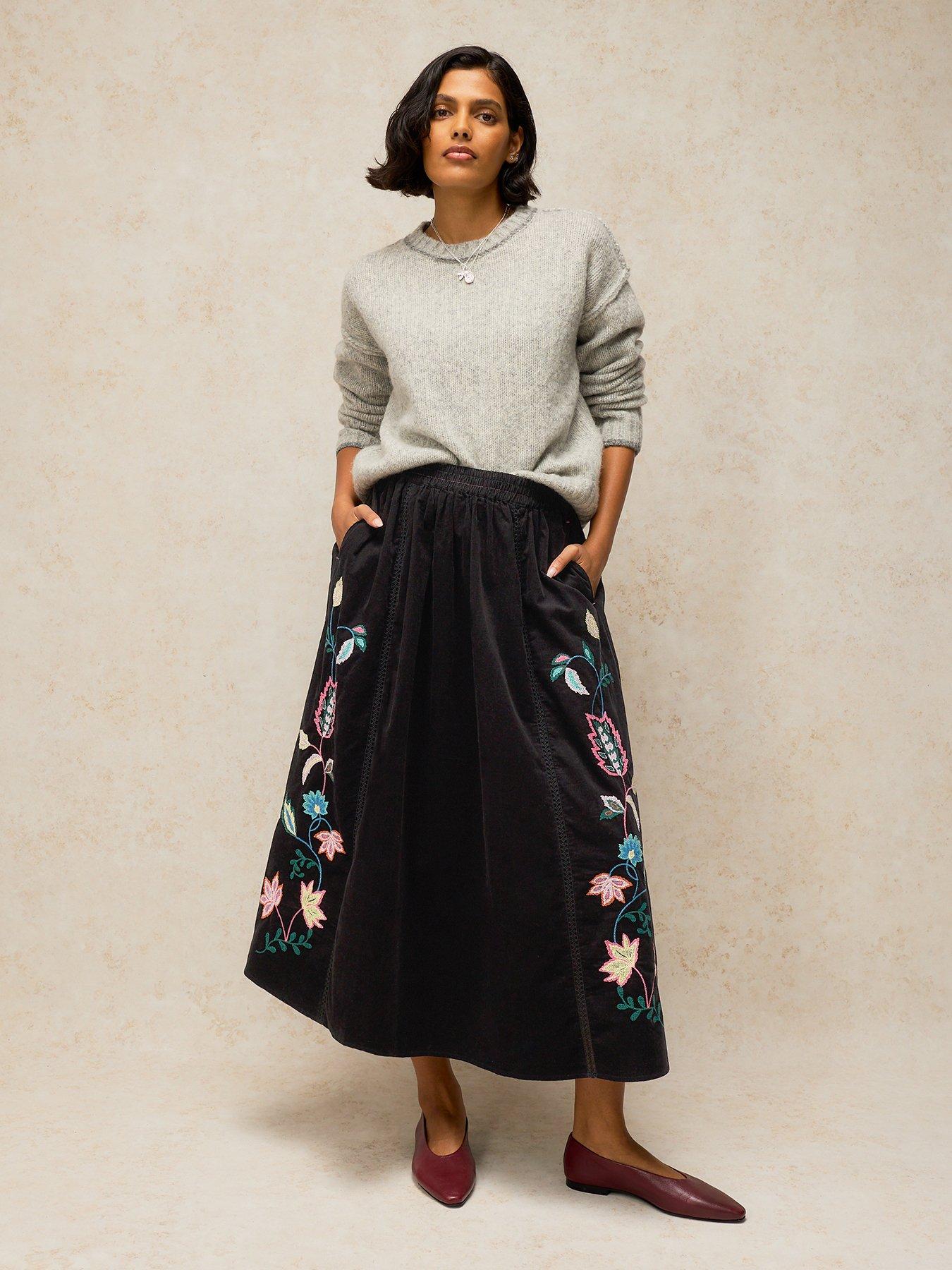 Image 3 of 5 of White Stuff Wren Embroidered Corduroy Midi Skirt - Black