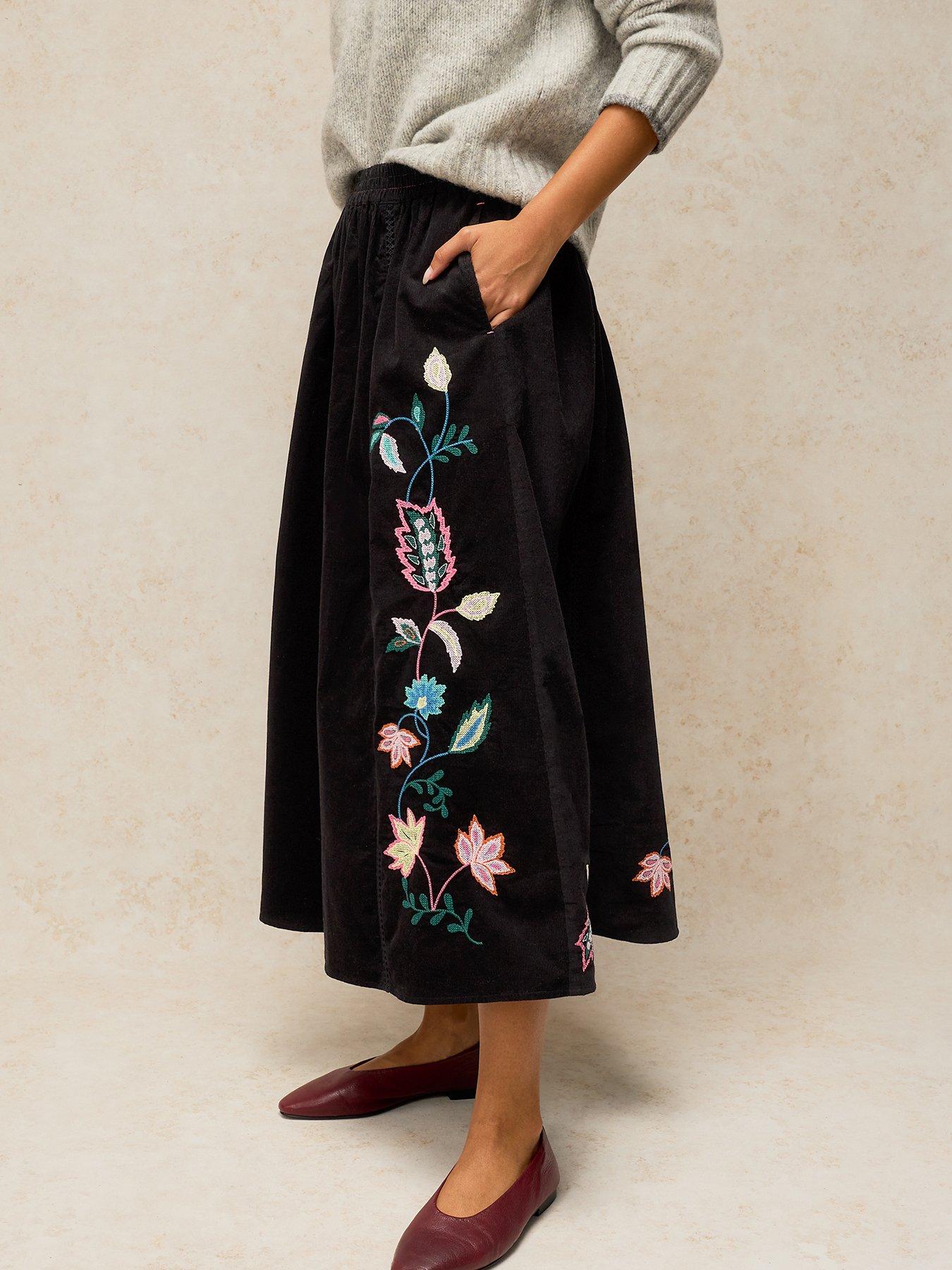 Image 4 of 5 of White Stuff Wren Embroidered Corduroy Midi Skirt - Black