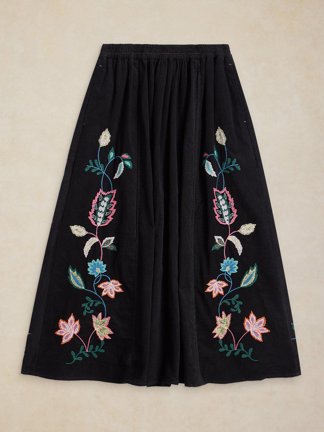Image 5 of 5 of White Stuff Wren Embroidered Corduroy Midi Skirt - Black