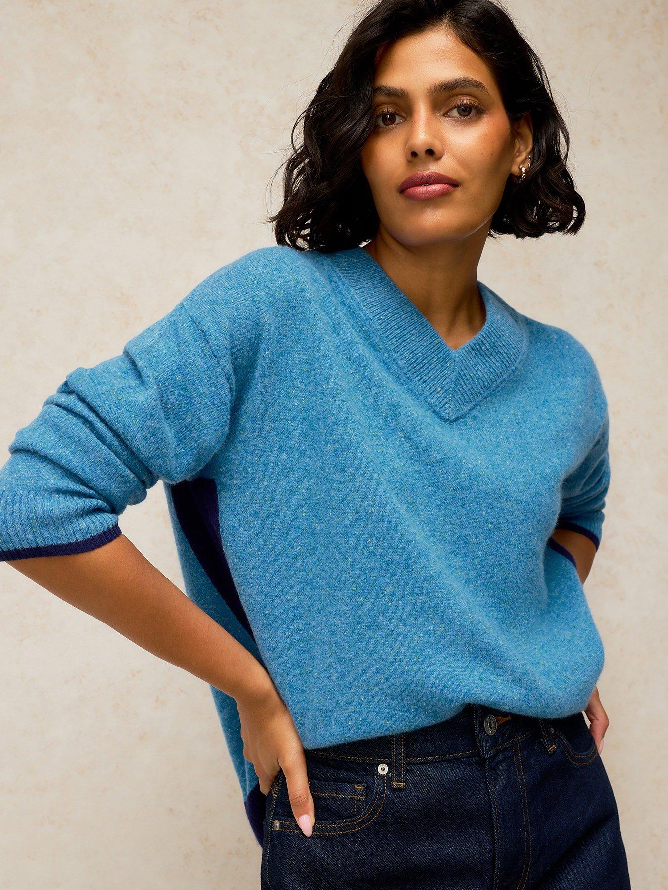 White Stuff Cashmere V-Neck Fine Knit Jumper - Blue