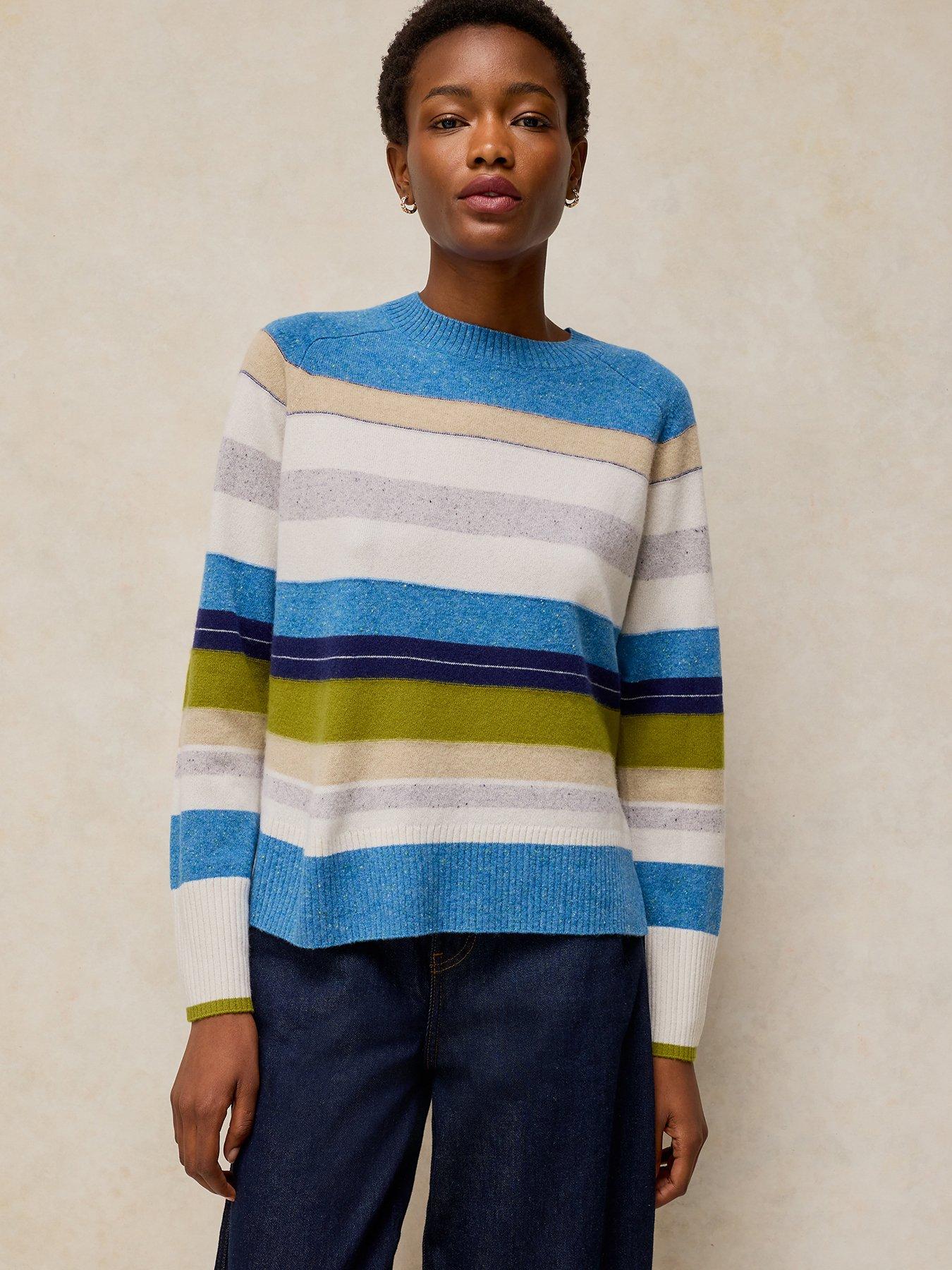 Image 1 of 5 of White Stuff Cashmere Stripe Crew Neck Jumper - Blue