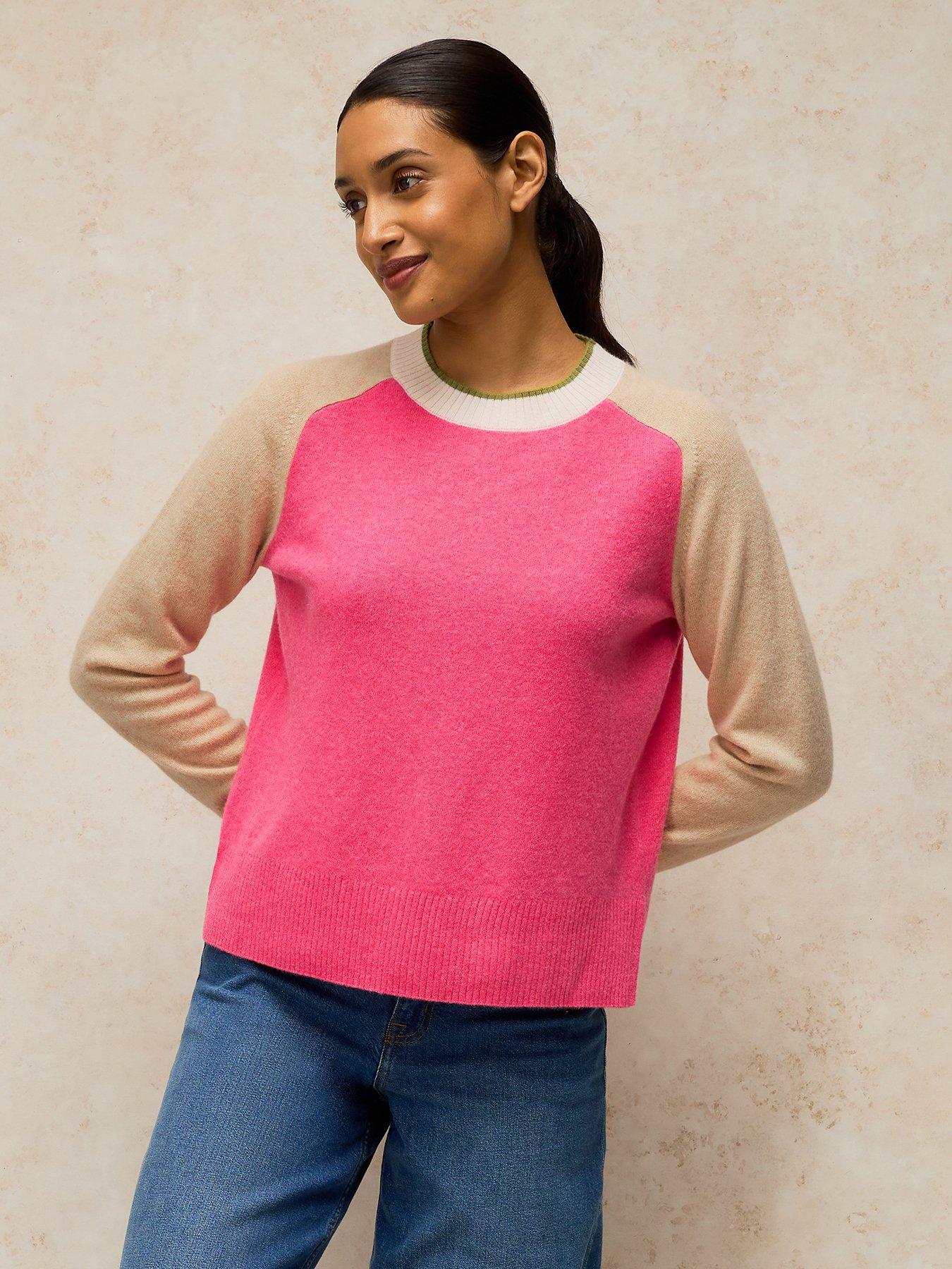 White Stuff Cashmere Colour Block Crew Neck Jumper - Pink