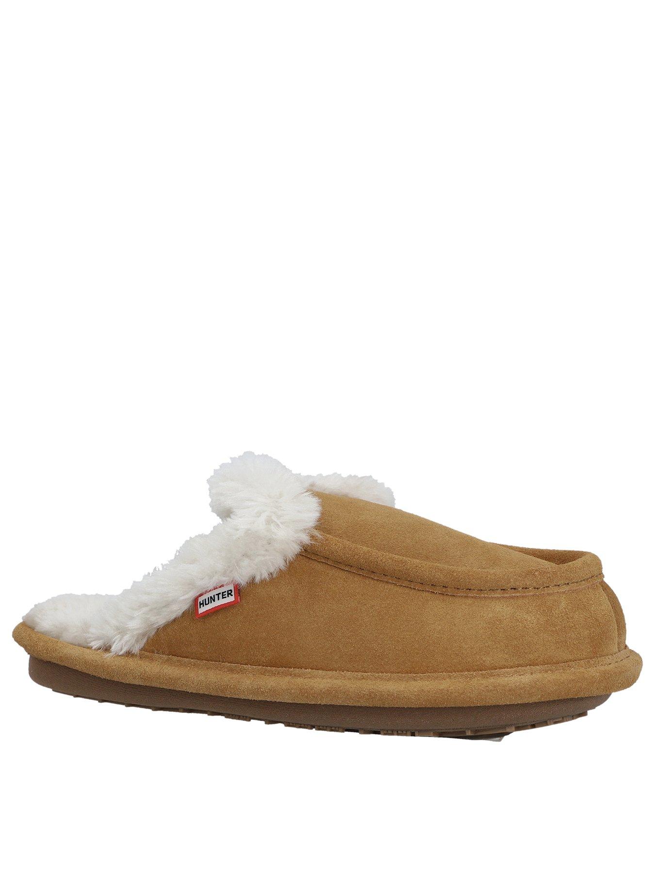 Image 2 of 2 of Hunter Womens Slip-On Suede Faux-Fur Trim Mule Slippers - Beige