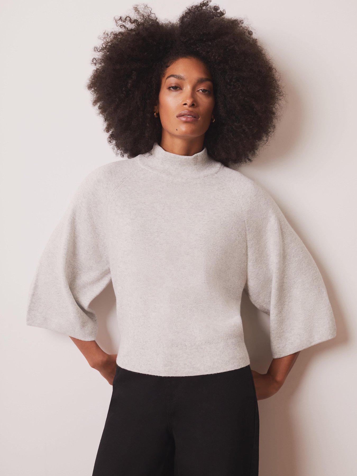Mint Velvet High Neck Knitted Top with Wide Sleeves - Grey
