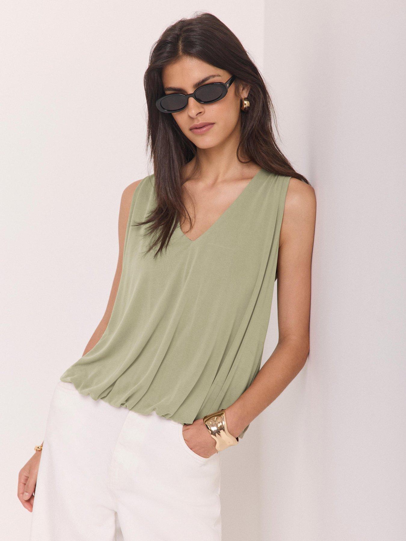 Image 1 of 6 of Mint Velvet V Neck Bubble Hem Top - Green