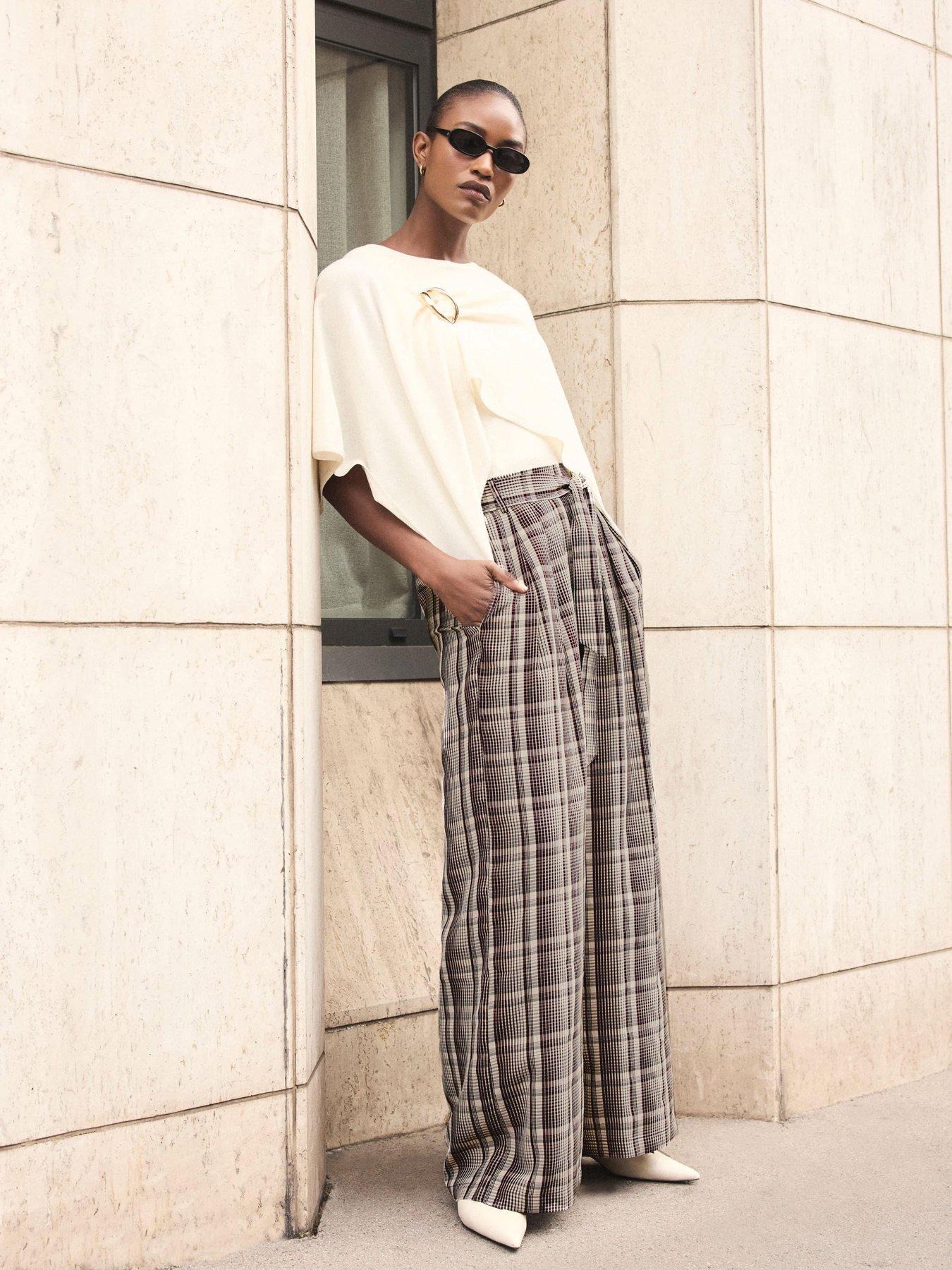 Image 1 of 6 of Mint Velvet Check Print Belted Wide Leg Trousers - Brown