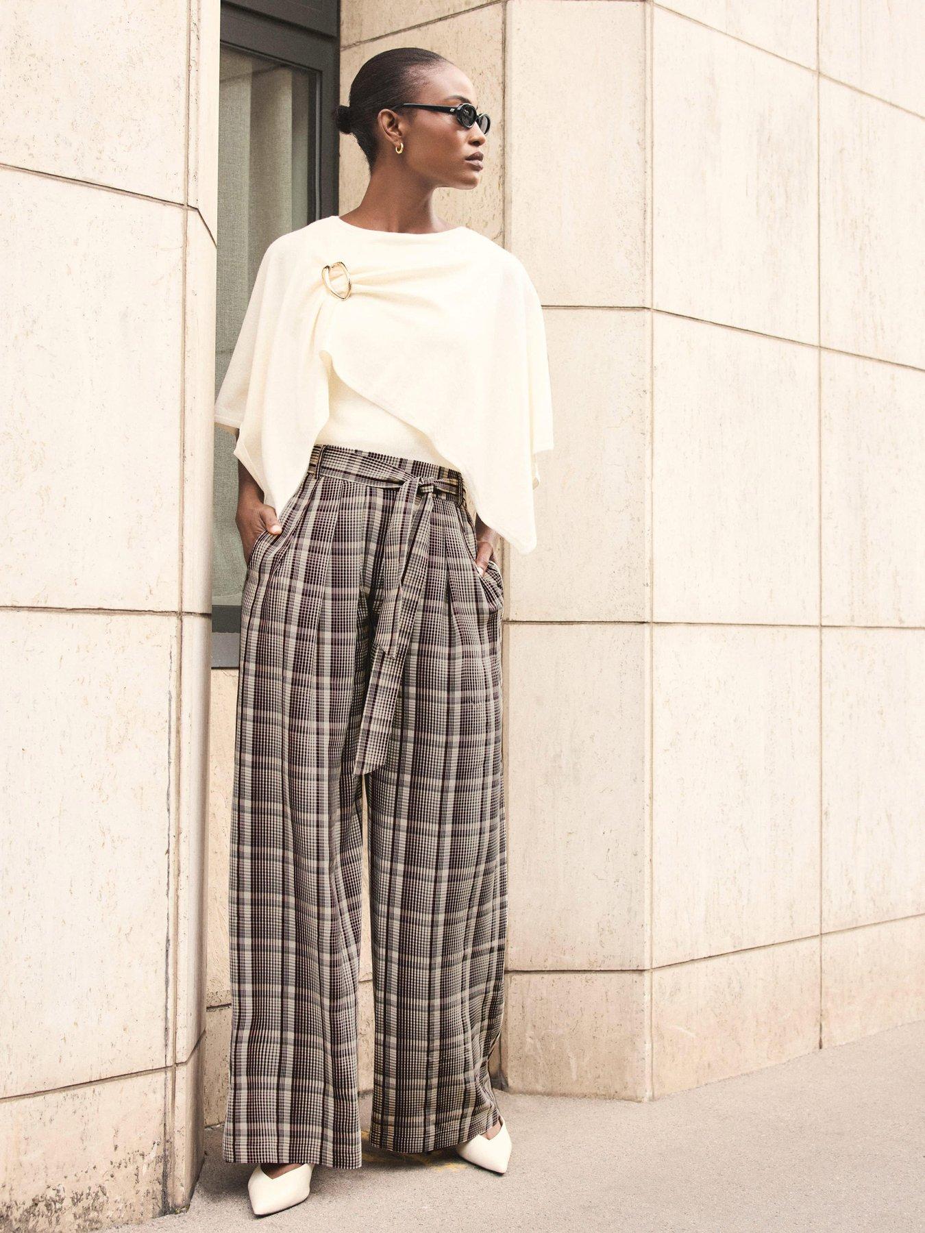 Image 2 of 6 of Mint Velvet Check Print Belted Wide Leg Trousers - Brown