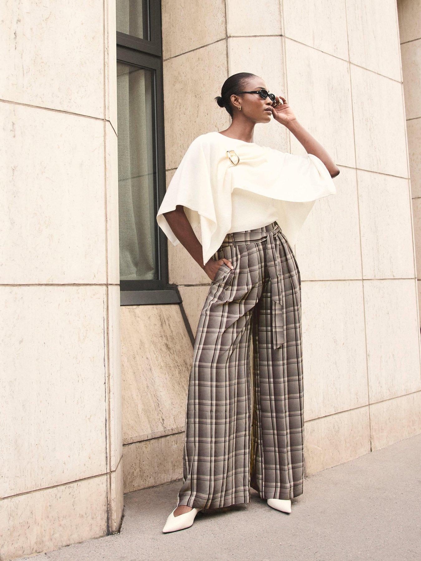 Image 3 of 6 of Mint Velvet Check Print Belted Wide Leg Trousers - Brown
