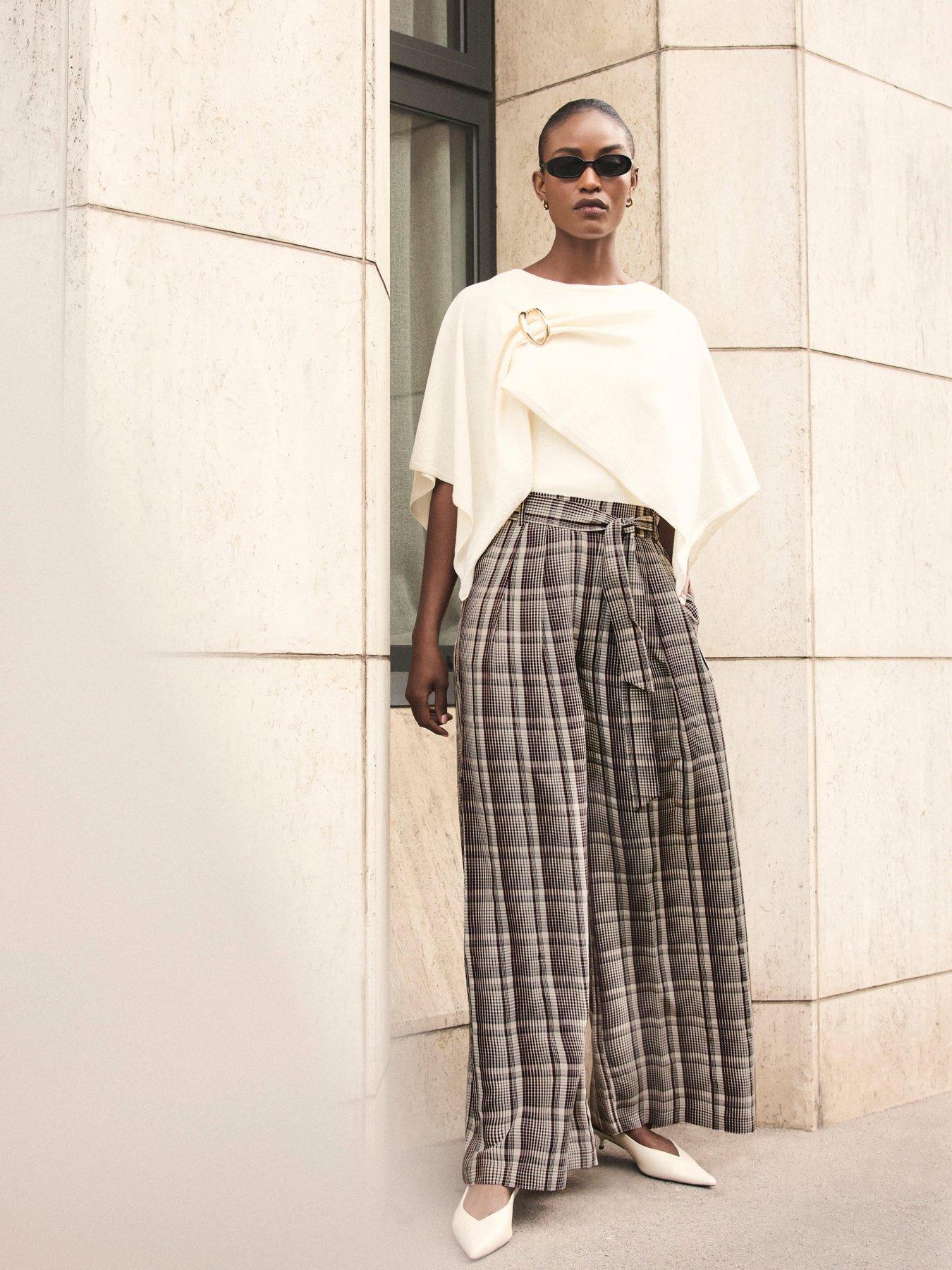 Image 4 of 6 of Mint Velvet Check Print Belted Wide Leg Trousers - Brown