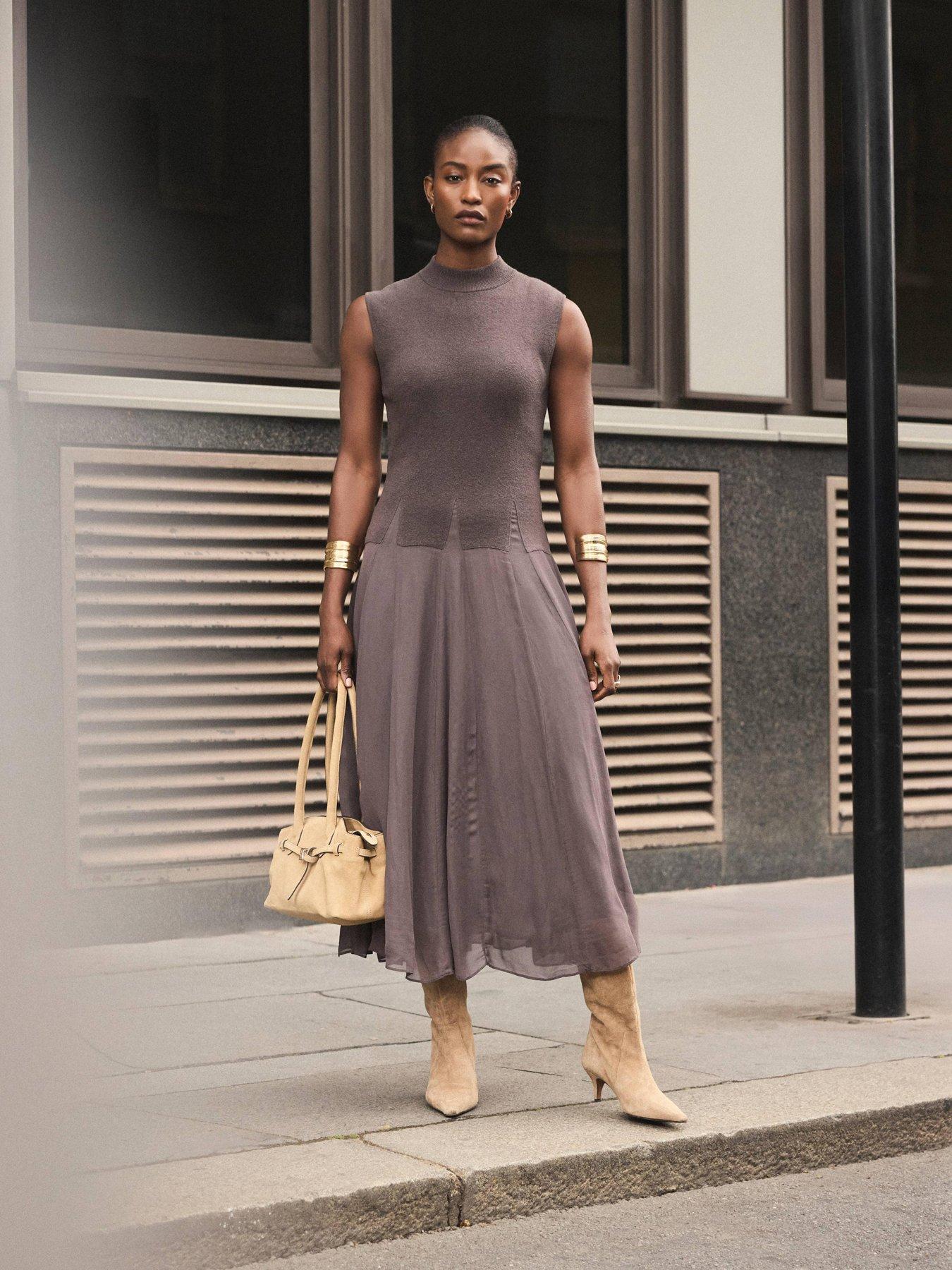 Mint Velvet Sleeveless Knit Mix Midi Dress - Brown