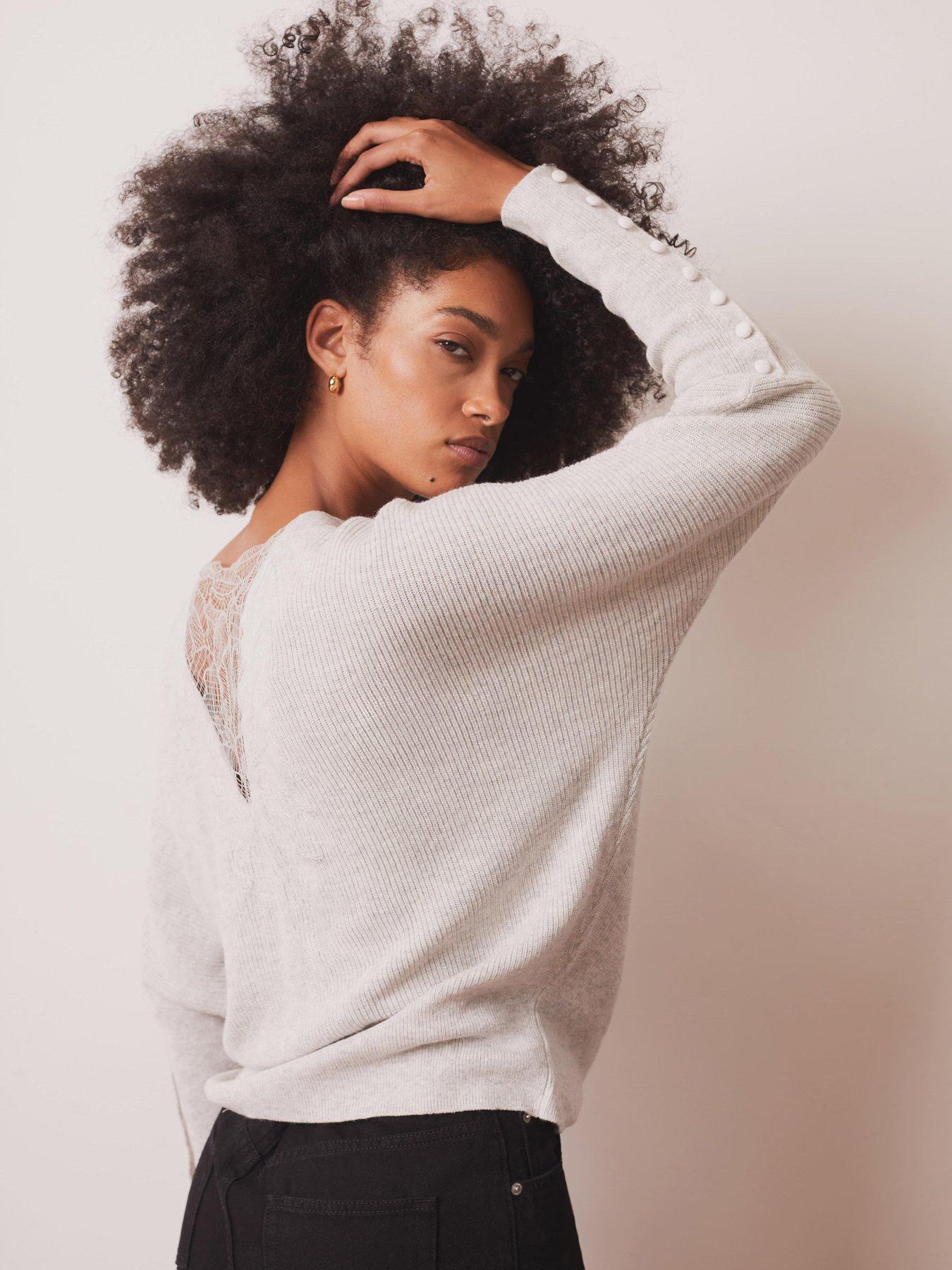 Mint Velvet Lace Batwing Knit Mix Jumper - Grey