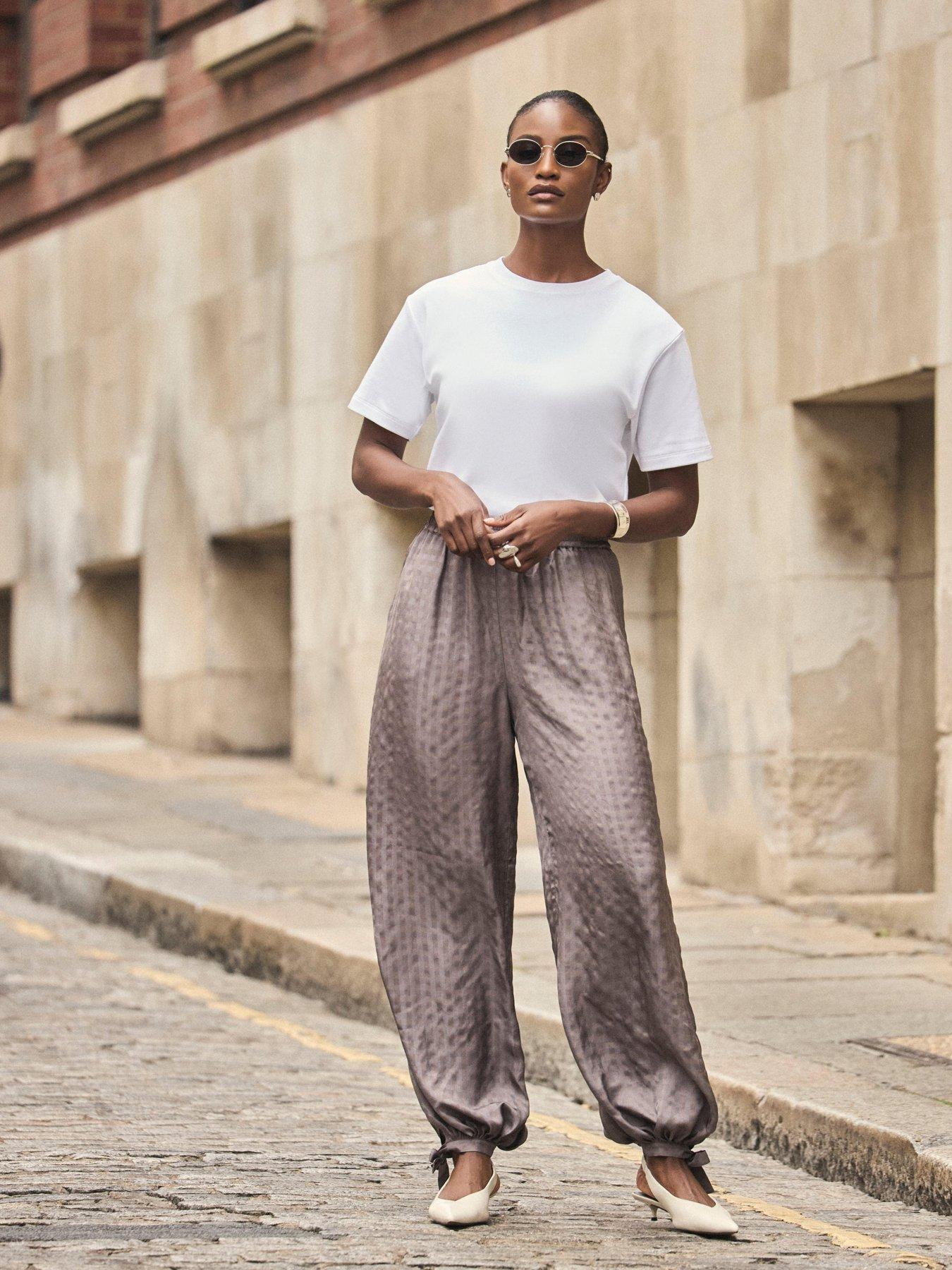Image 1 of 6 of Mint Velvet Checked Soft Balloon Trousers - Brown