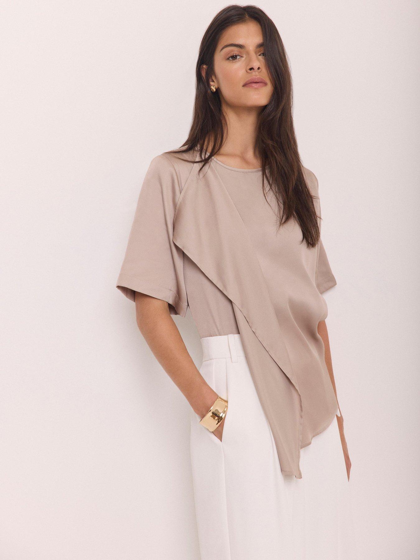 Mint Velvet Satin Ruffle Front T-Shirt - Beige